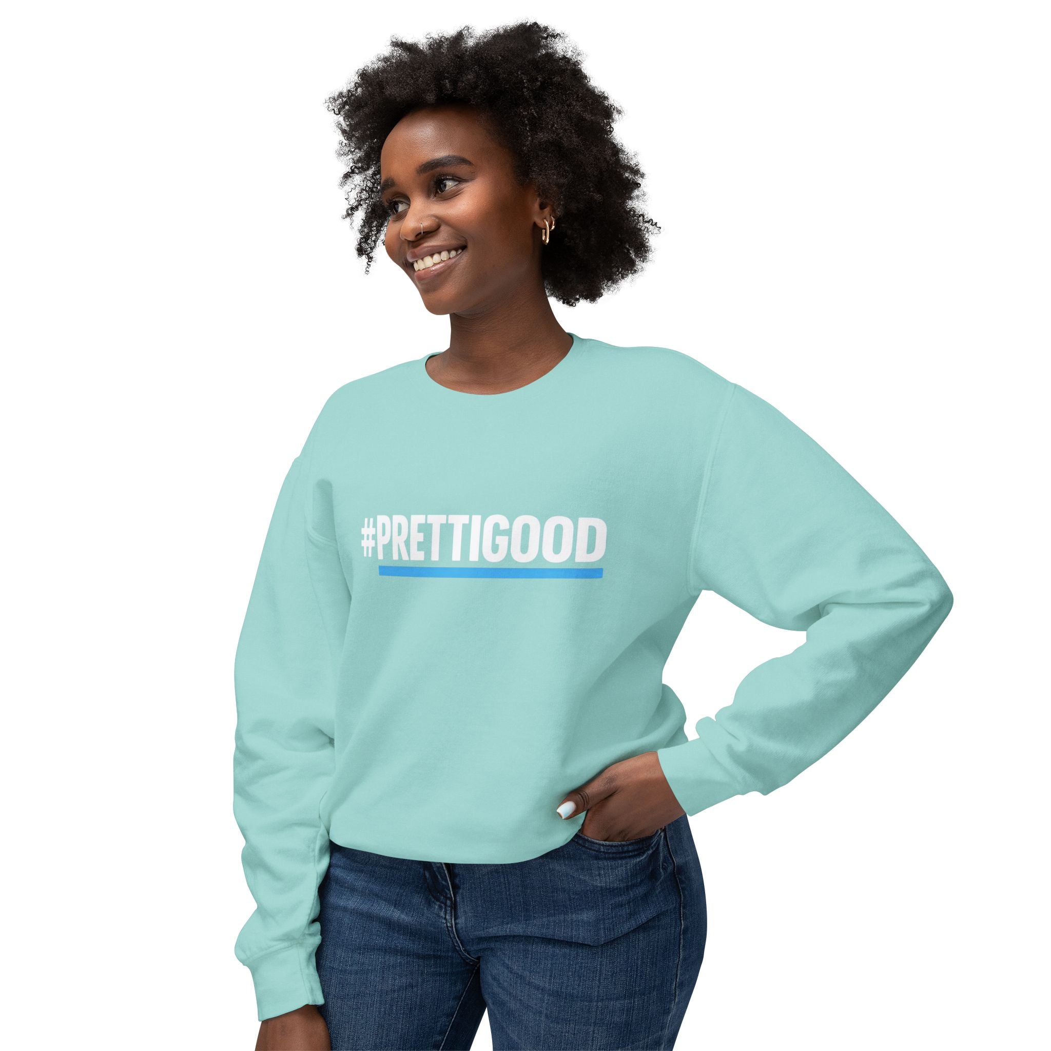 #PrettiGood Crewneck Sweatshirt — Blue Star Graphic Backside, Premium Casual Pullover | 7 Colors