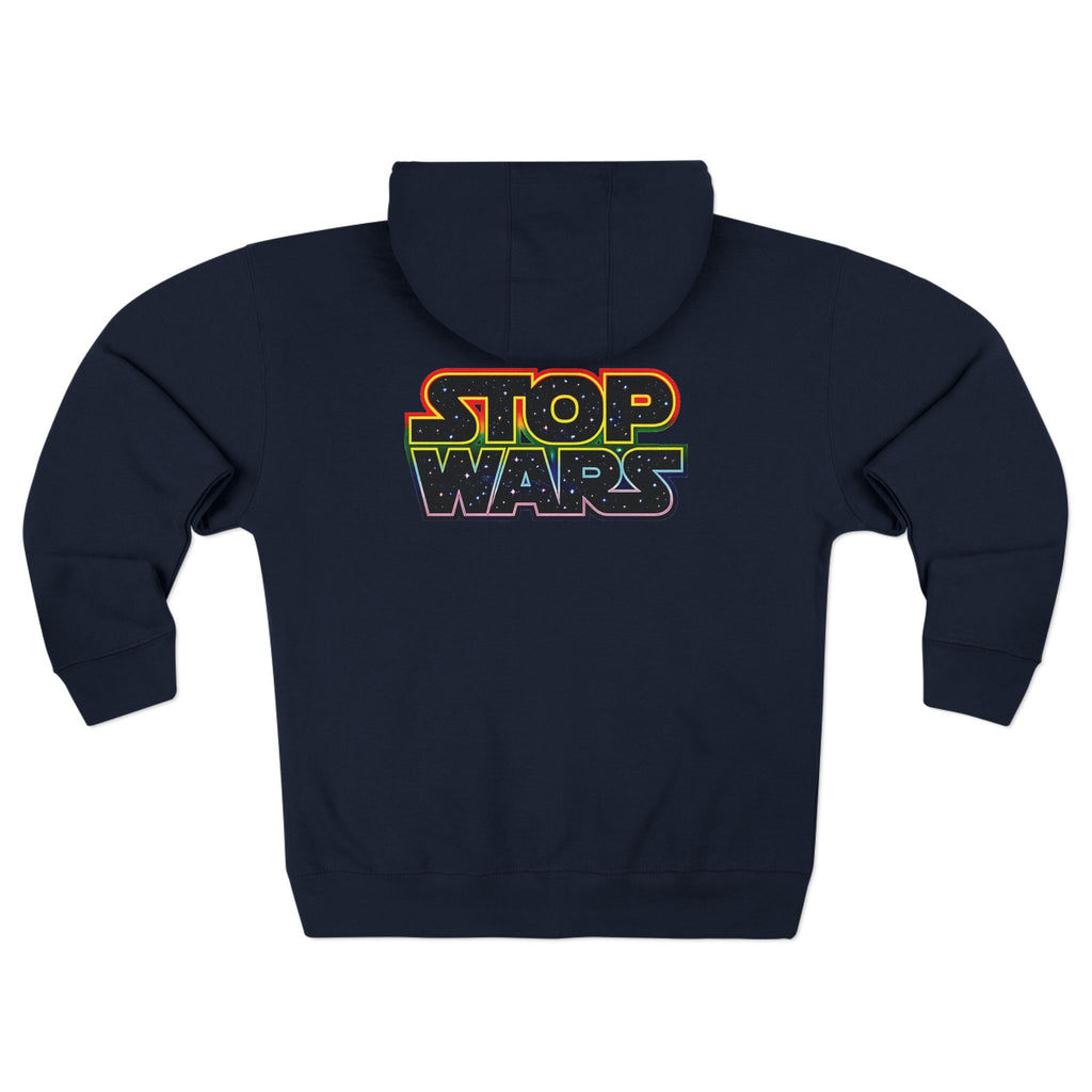 fudjt Stop Wars Zip Hoodie | Front & Back Graphic, White fudjt | 6 Colors