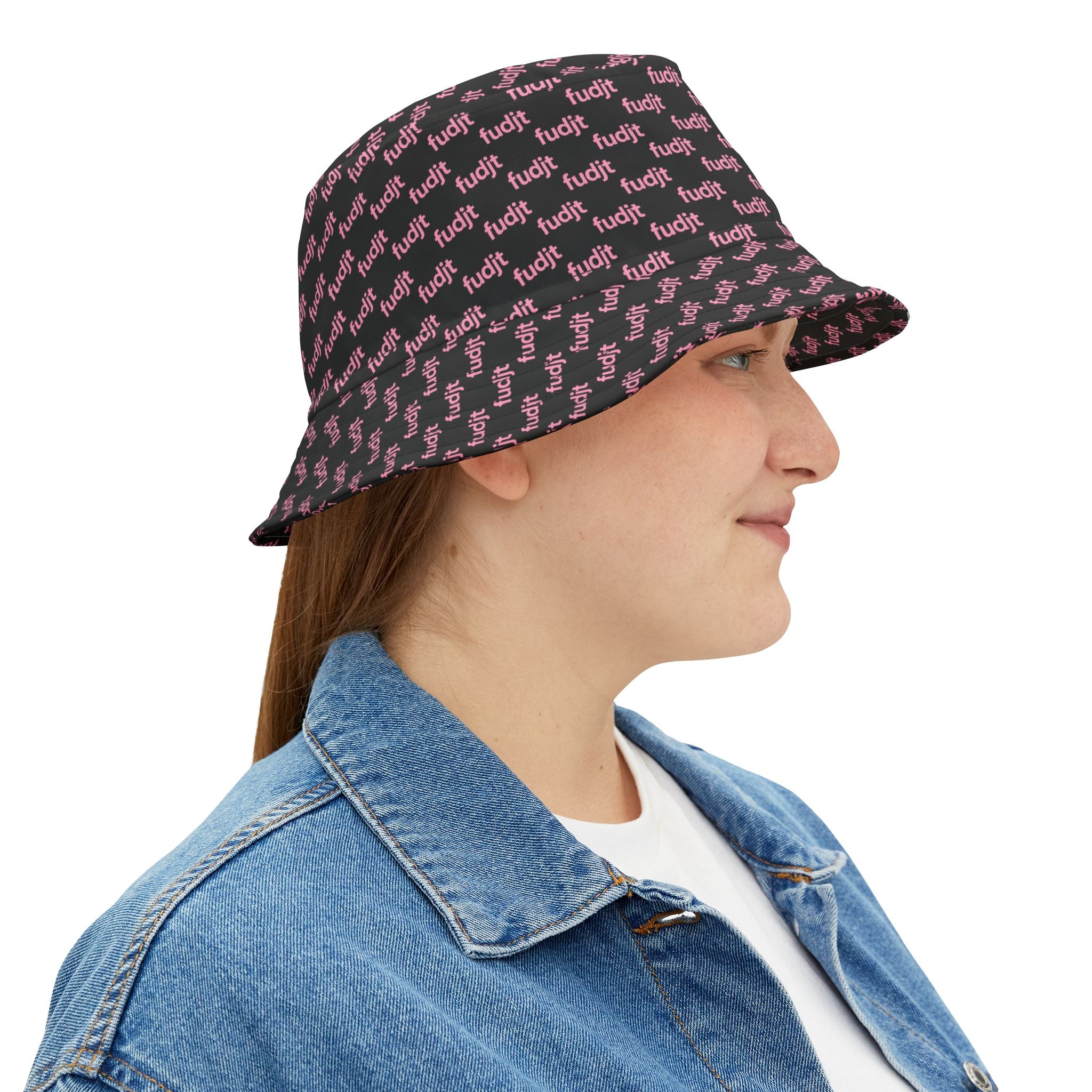 Trendy Pink fudjt All Over on Black Bucket Hat