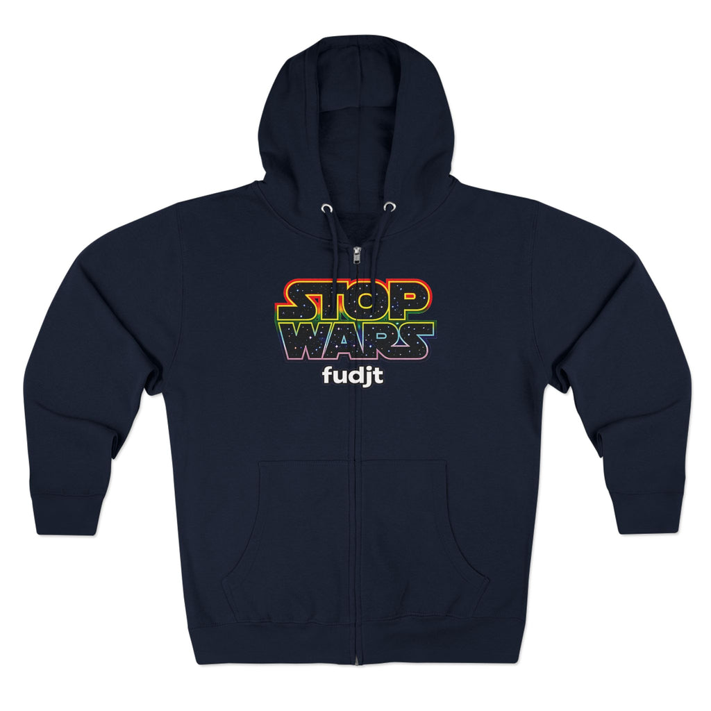 fudjt Stop Wars Zip Hoodie | Front & Back Graphic, White fudjt | 6 Colors