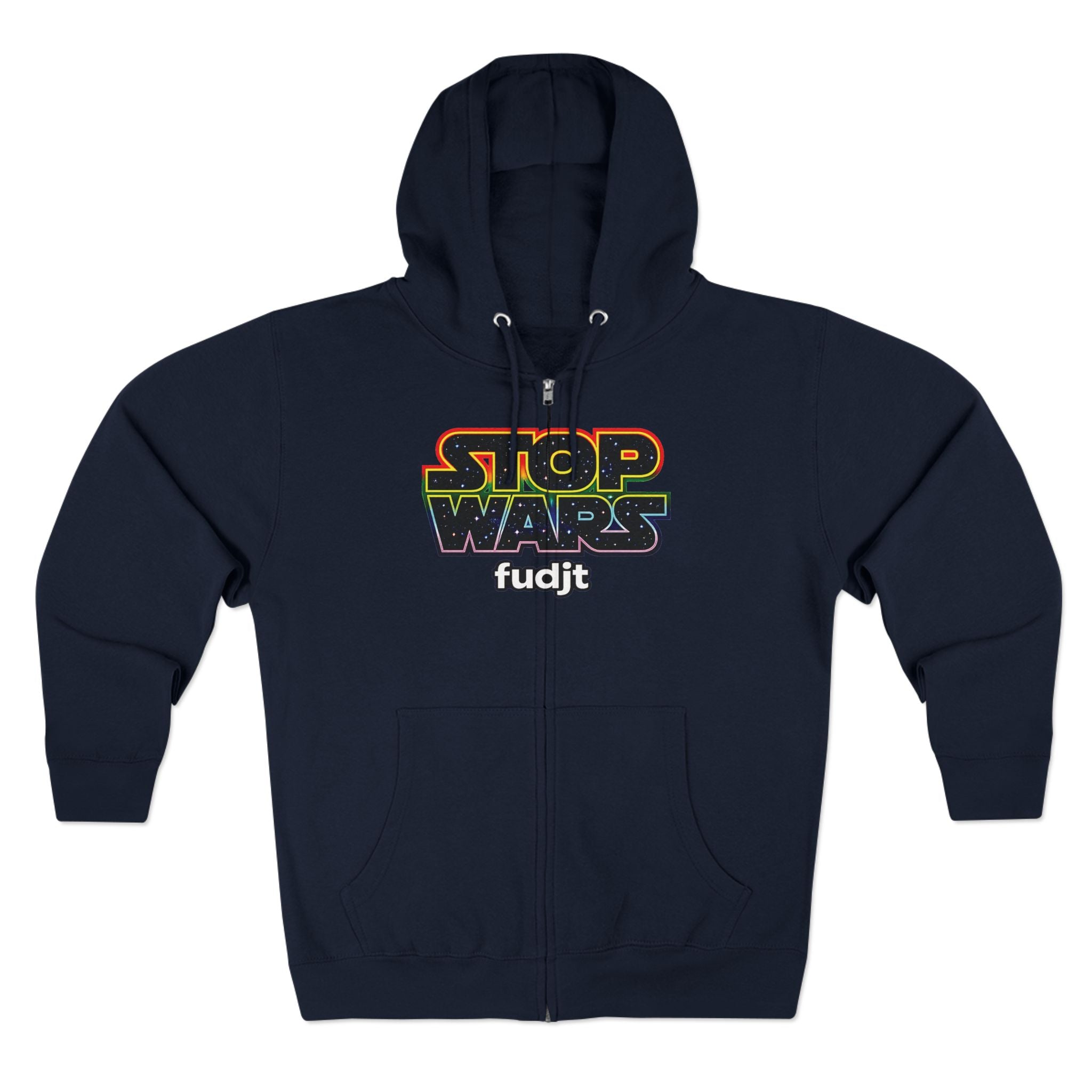 fudjt Stop Wars Zip Hoodie | Front & Back Graphic, White fudjt | 6 Colors