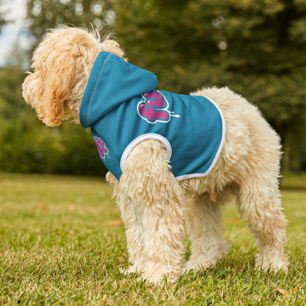 Turquoise fudjt Pet Hoodie with Pink Drip Design