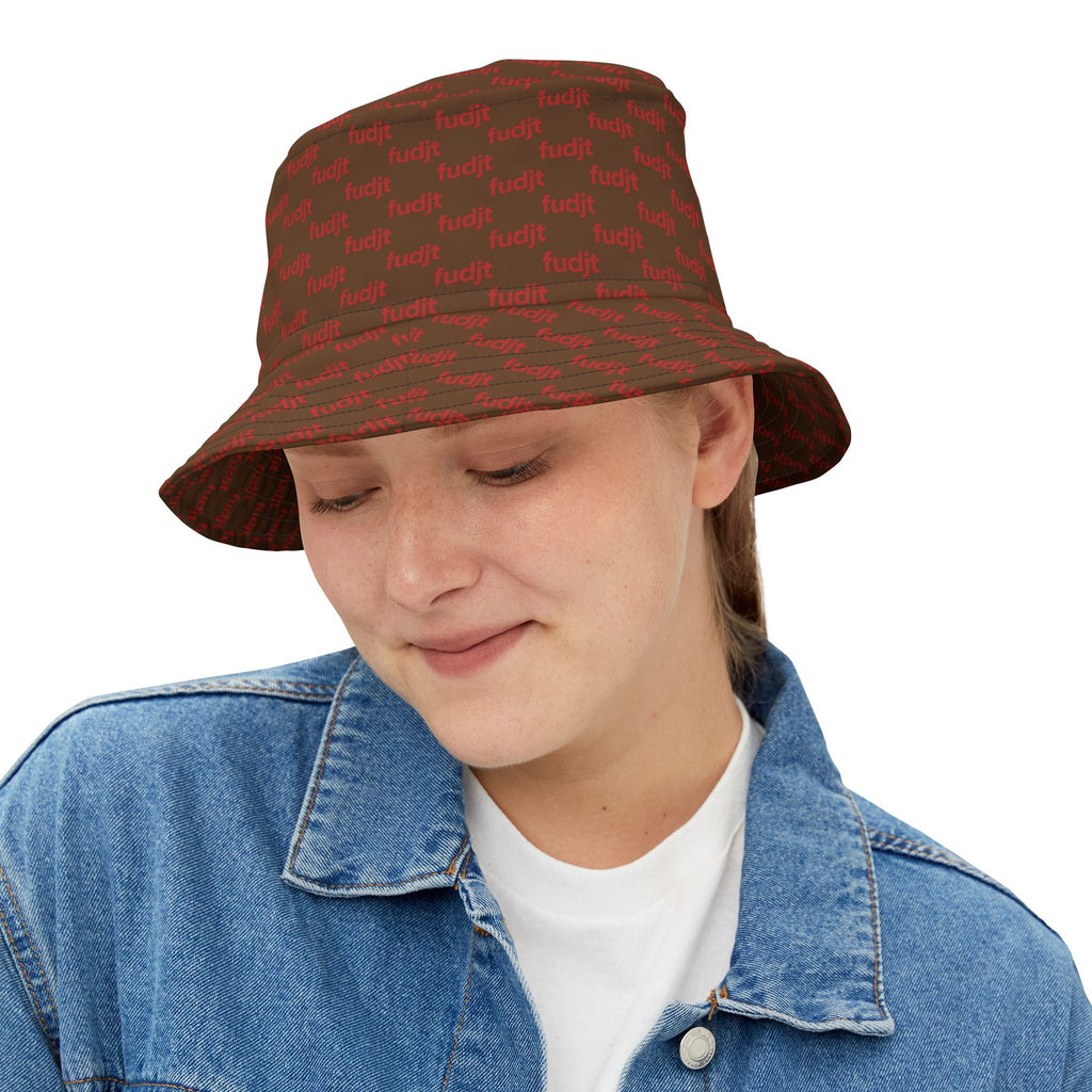 Trendy Red fudjt All Over on Dark Brown Bucket Hat