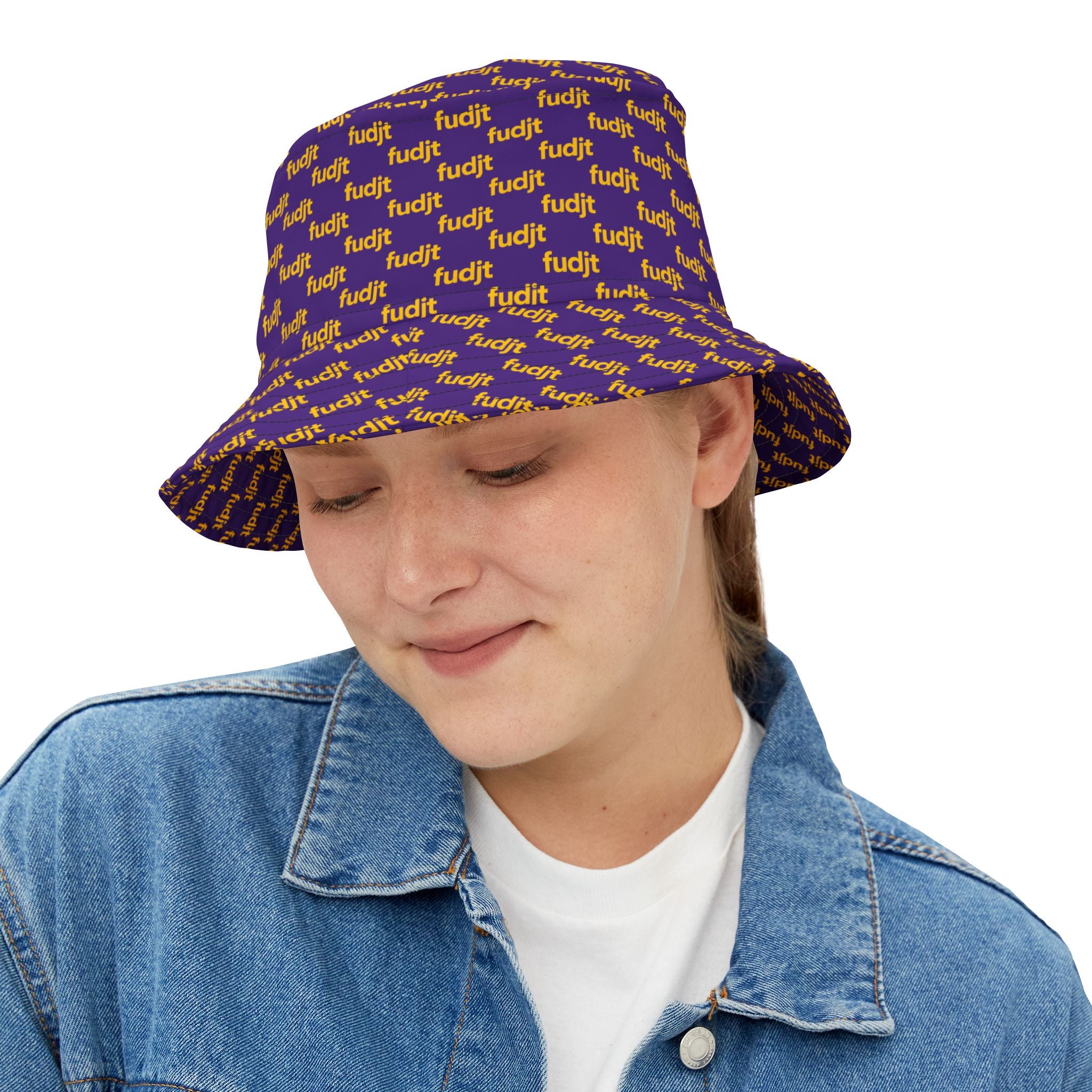 Trendy Yellow fudjt All Over on Purple Bucket Hat