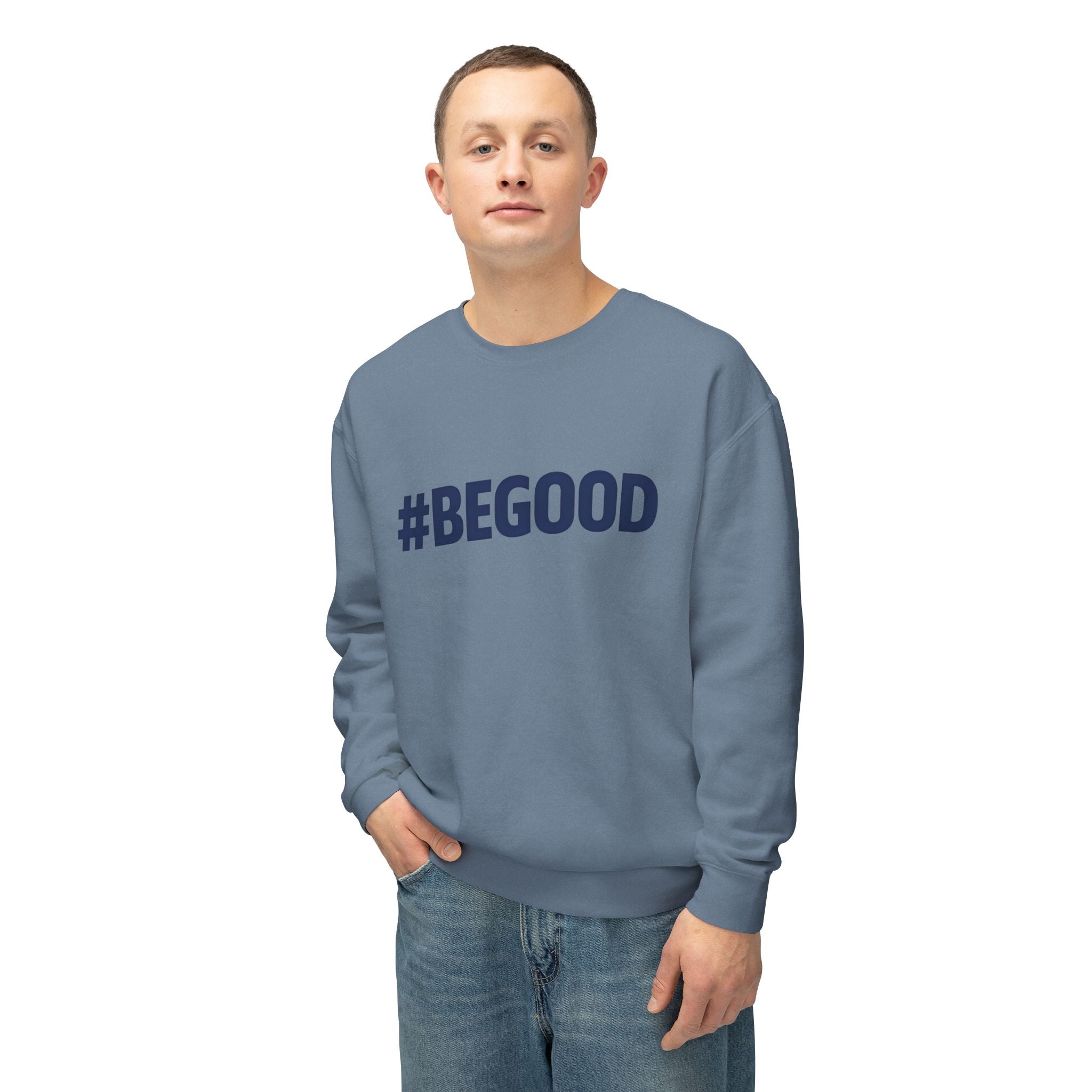 #BEGOOD Crewneck Sweatshirt — Blue Star Graphic Backside, Premium Casual Pullover | 7 Colors