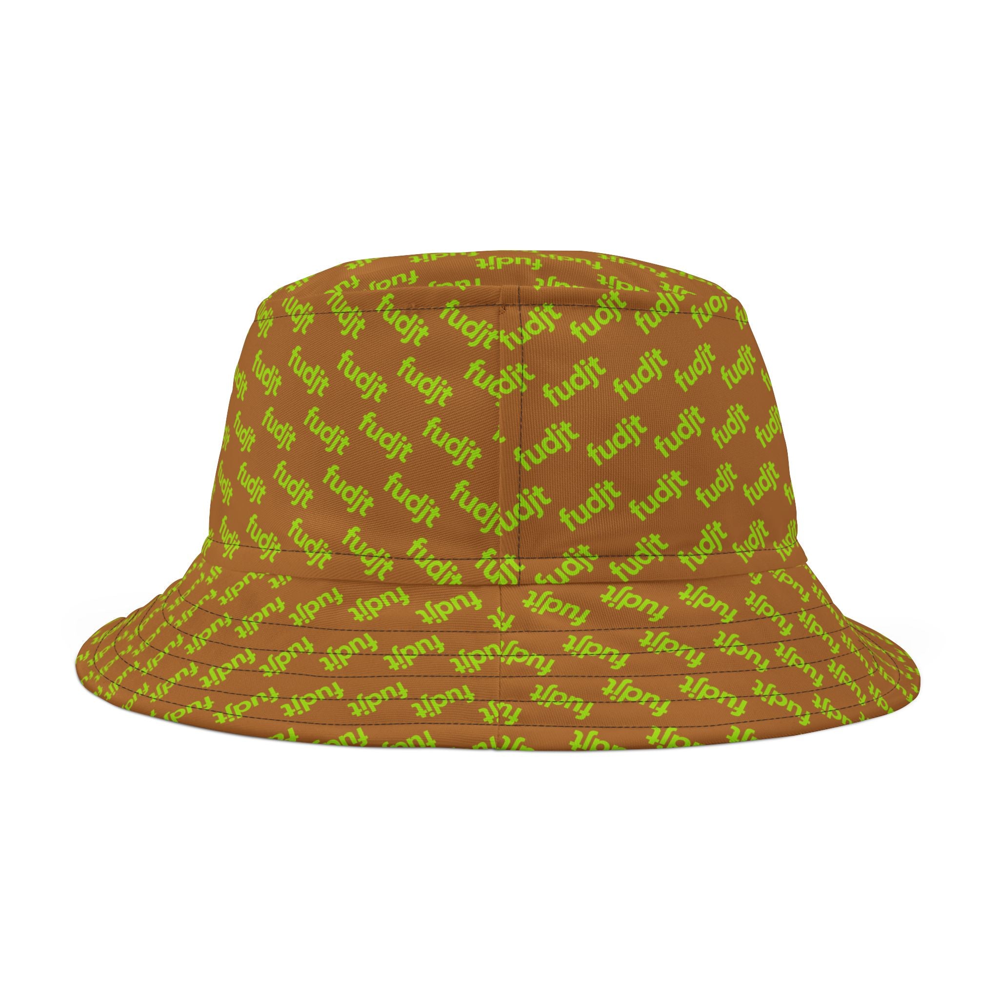 Trendy Lime Green fudjt All Over on Light Brown Bucket Hat