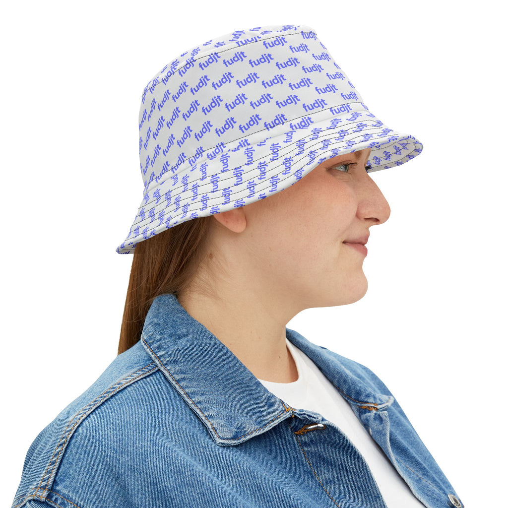 Trendy Light Blue fudjt All Over on White Bucket Hat