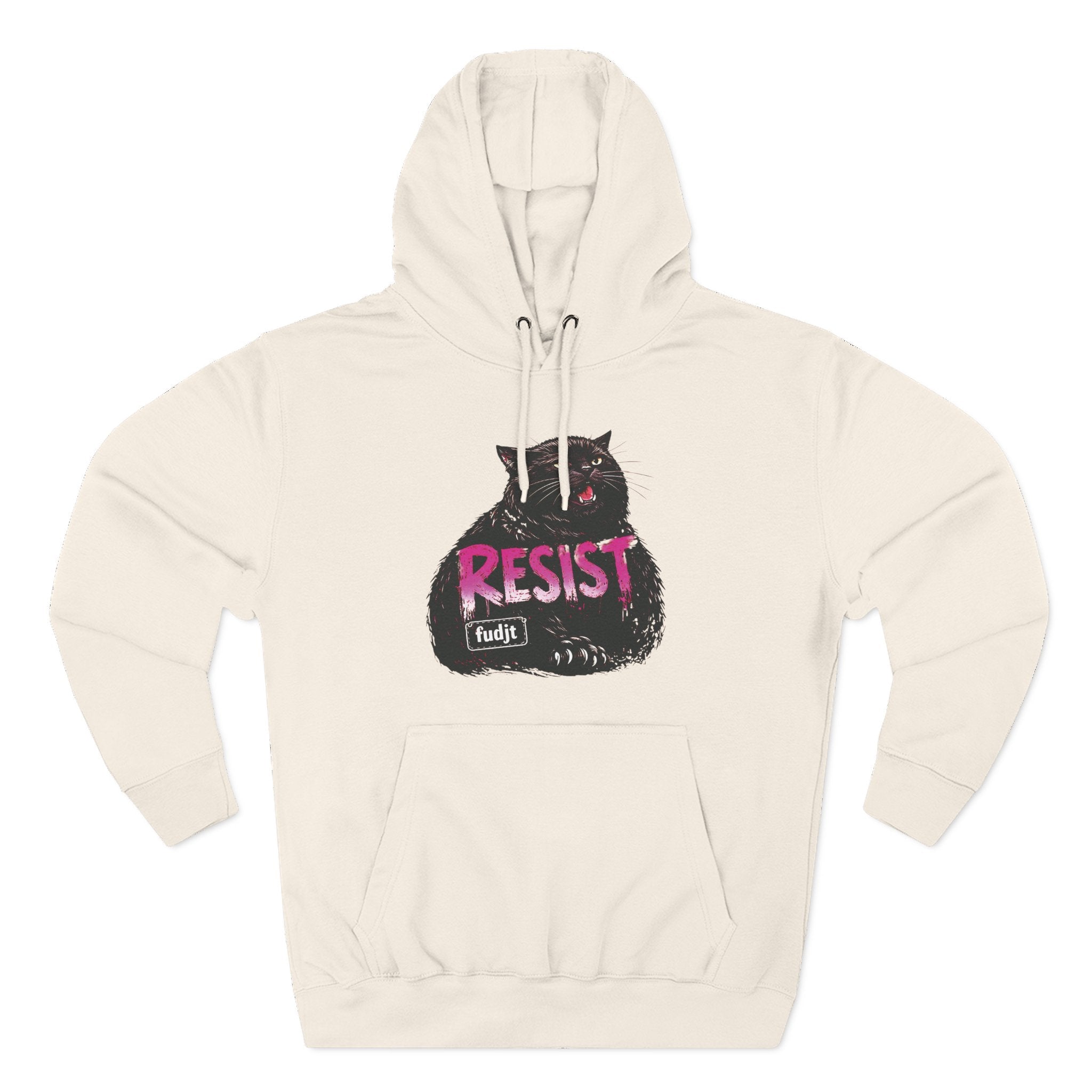 fudjt RESIST Hoodie – Premium Fleece Pullover with Black Pussycat Graphic | 14 Colors
