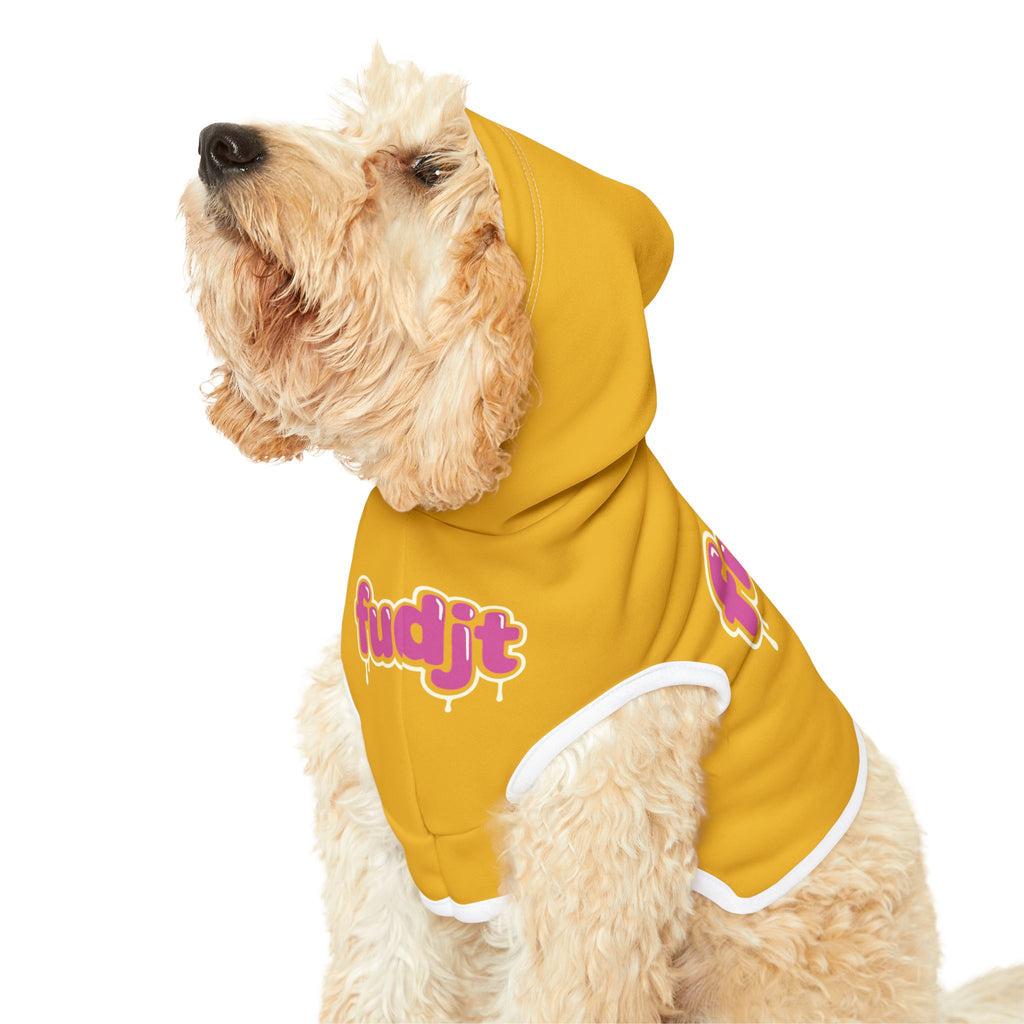 Yellow fudjt Pet Hoodie with Pink Drip Design