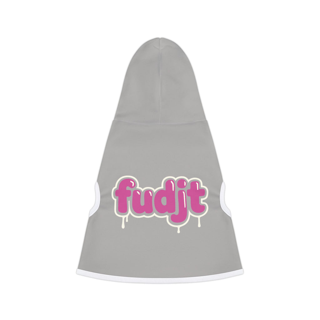 Light Gray fudjt Pet Hoodie with Pink Drip Design