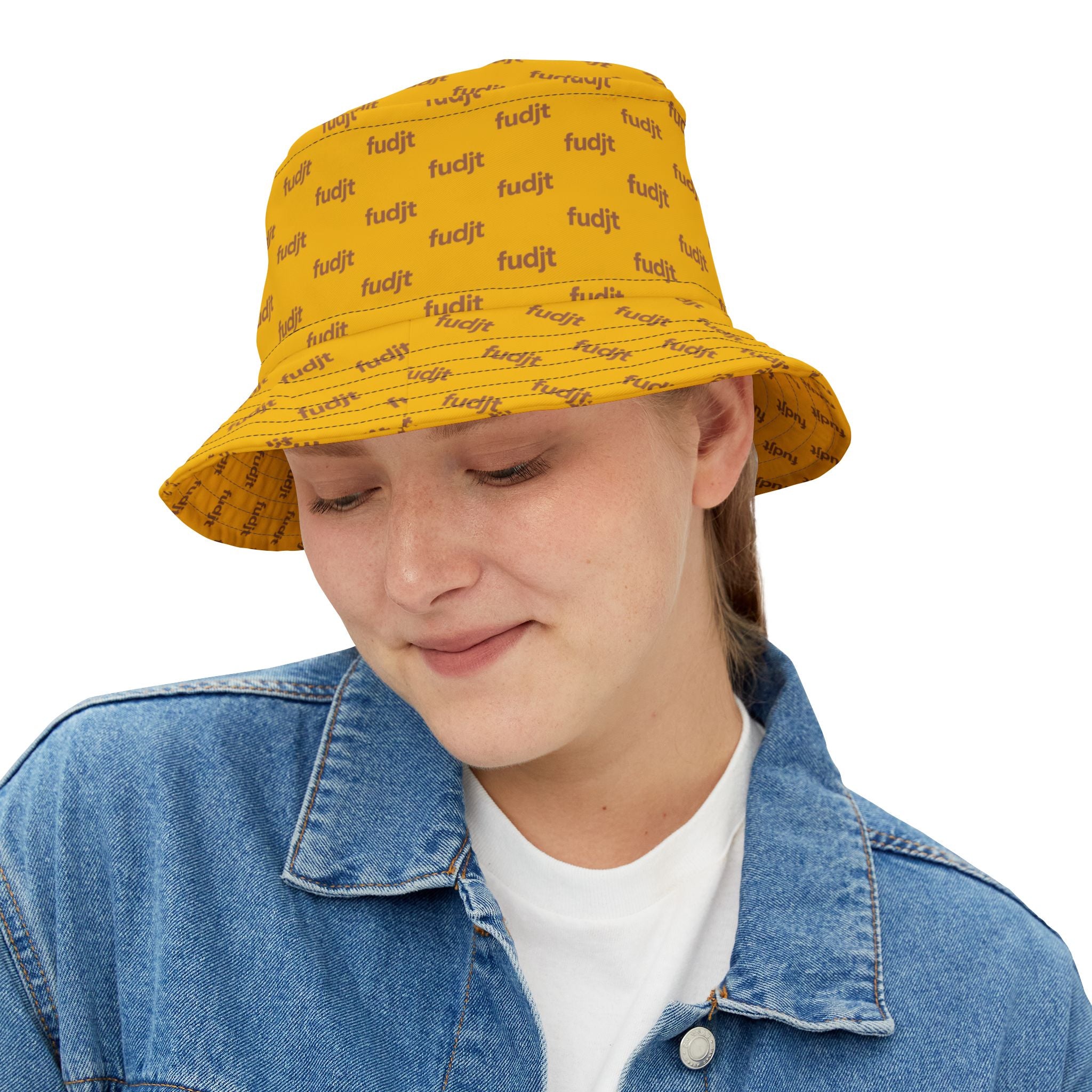 Trendy Brown fudjt All Over on Yellow Bucket Hat