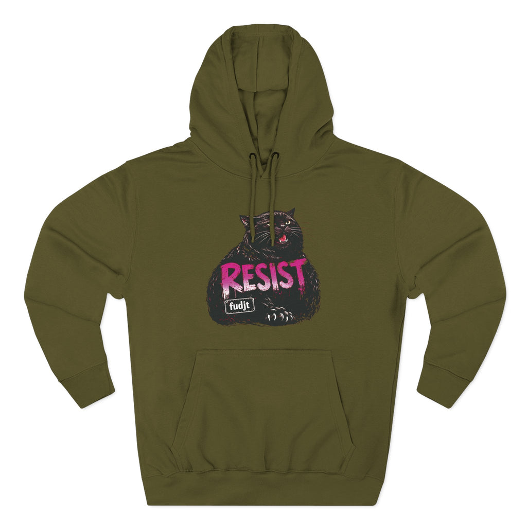 fudjt RESIST Hoodie – Premium Fleece Pullover with Black Pussycat Graphic | 14 Colors