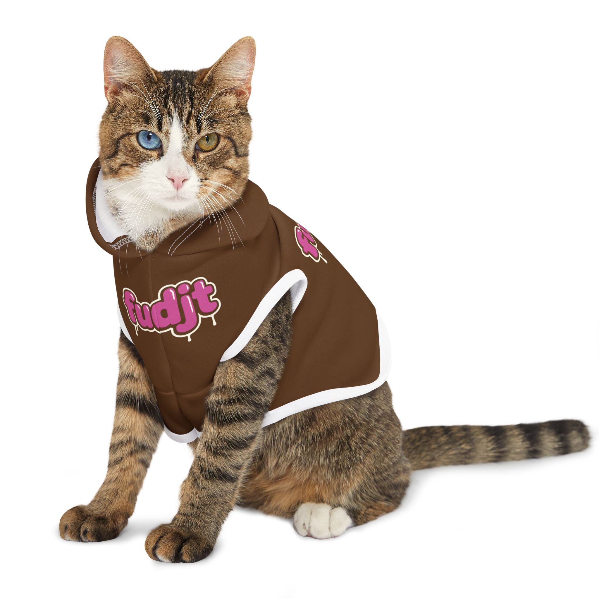 Brown fudjt Pet Hoodie with Pink Drip Design