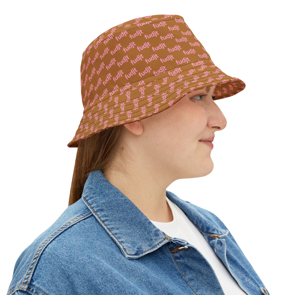 Trendy Pink fudjt All Over on Light Brown Bucket Hat