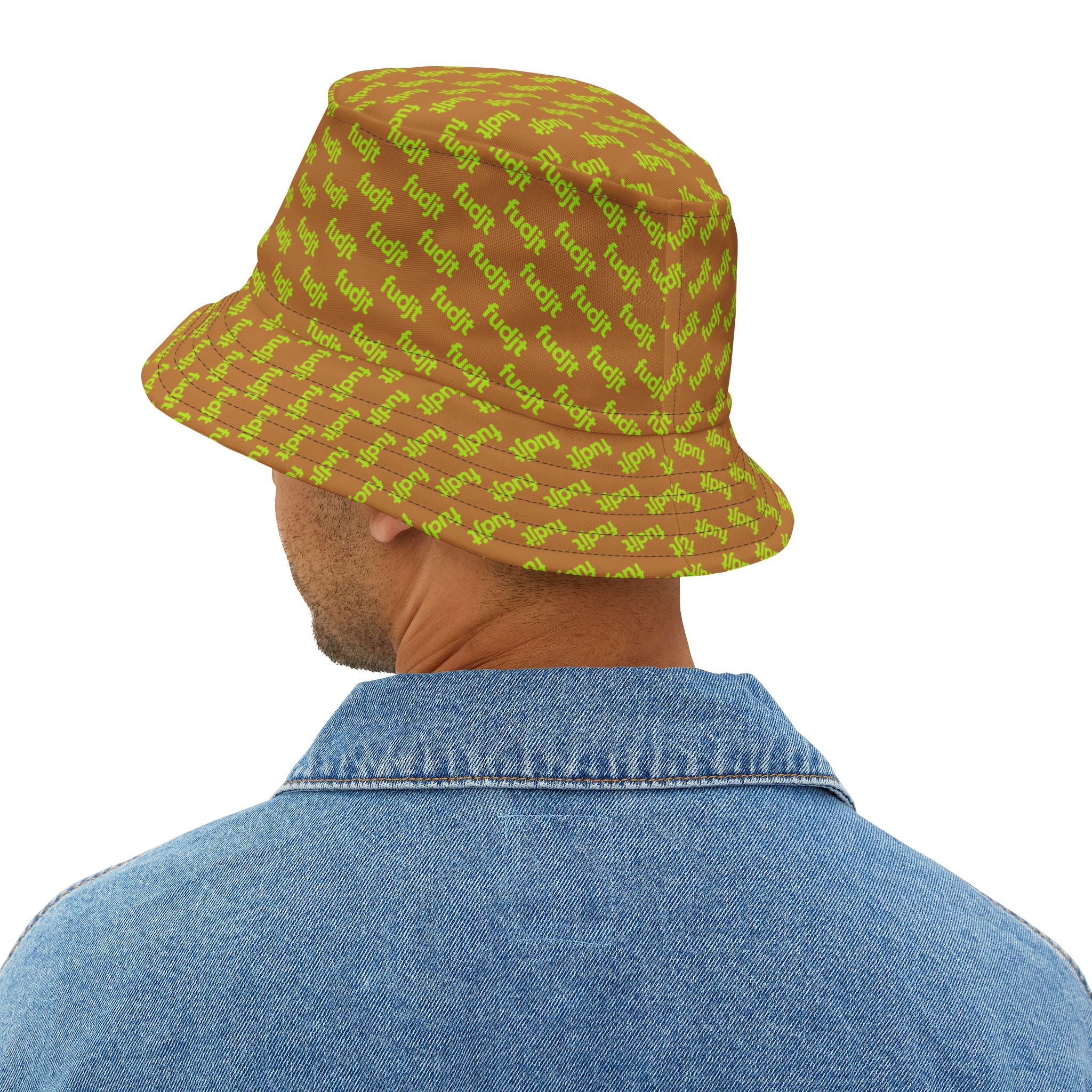 Trendy Lime Green fudjt All Over on Light Brown Bucket Hat