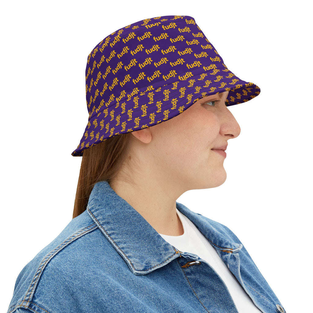 Trendy Yellow fudjt All Over on Purple Bucket Hat