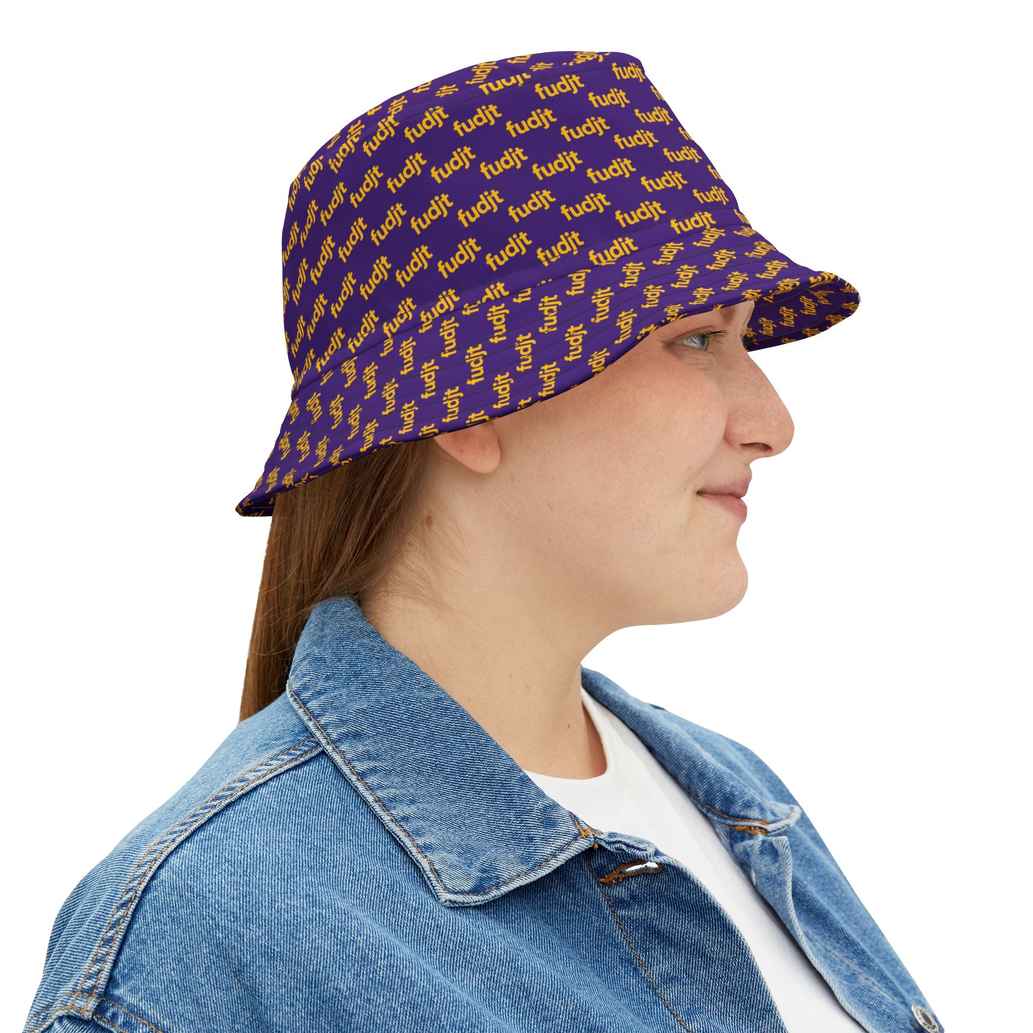 Trendy Yellow fudjt All Over on Purple Bucket Hat
