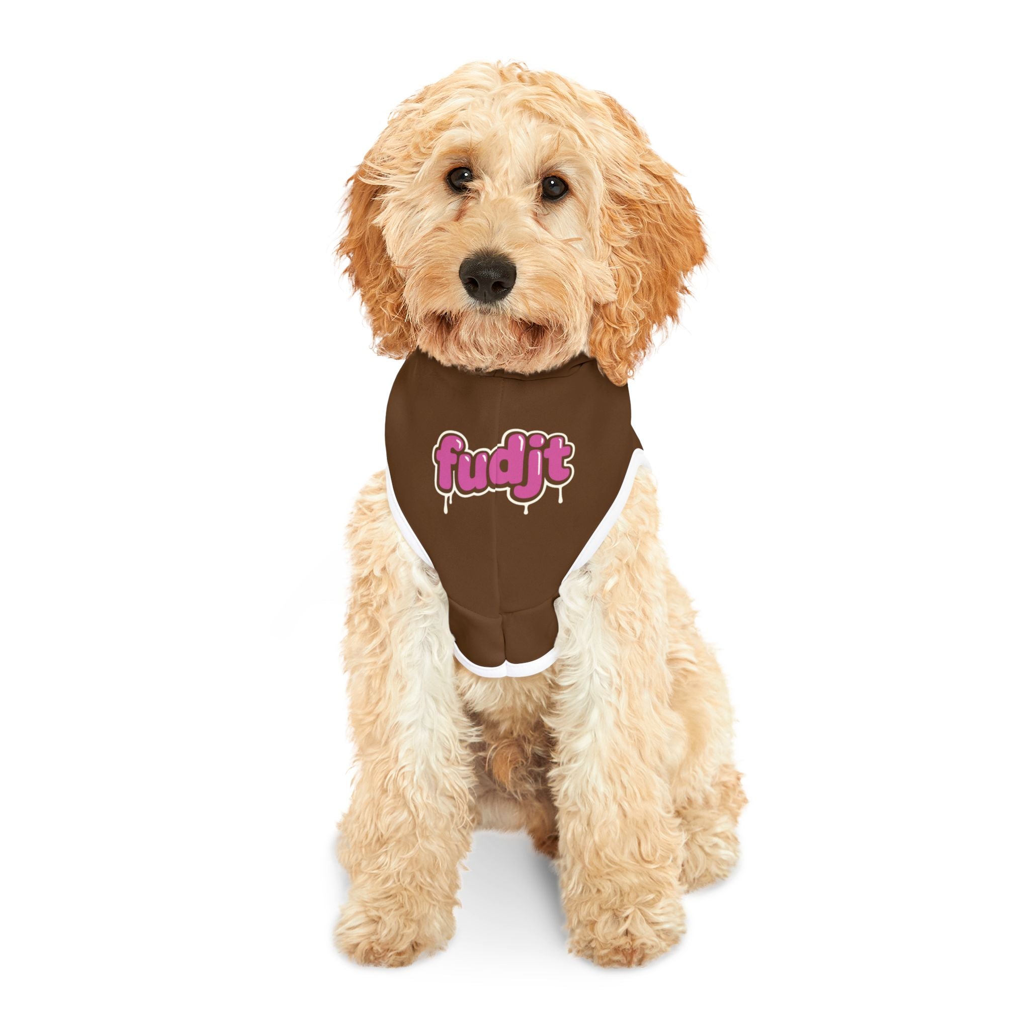 Brown fudjt Pet Hoodie with Pink Drip Design