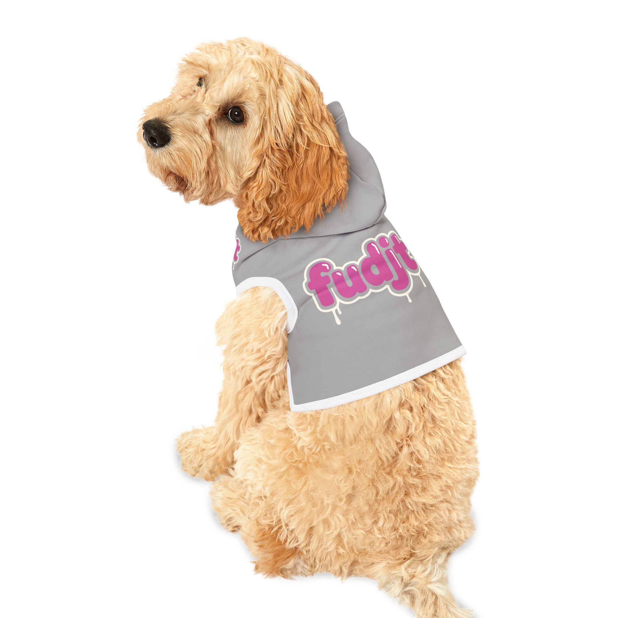 Light Gray fudjt Pet Hoodie with Pink Drip Design
