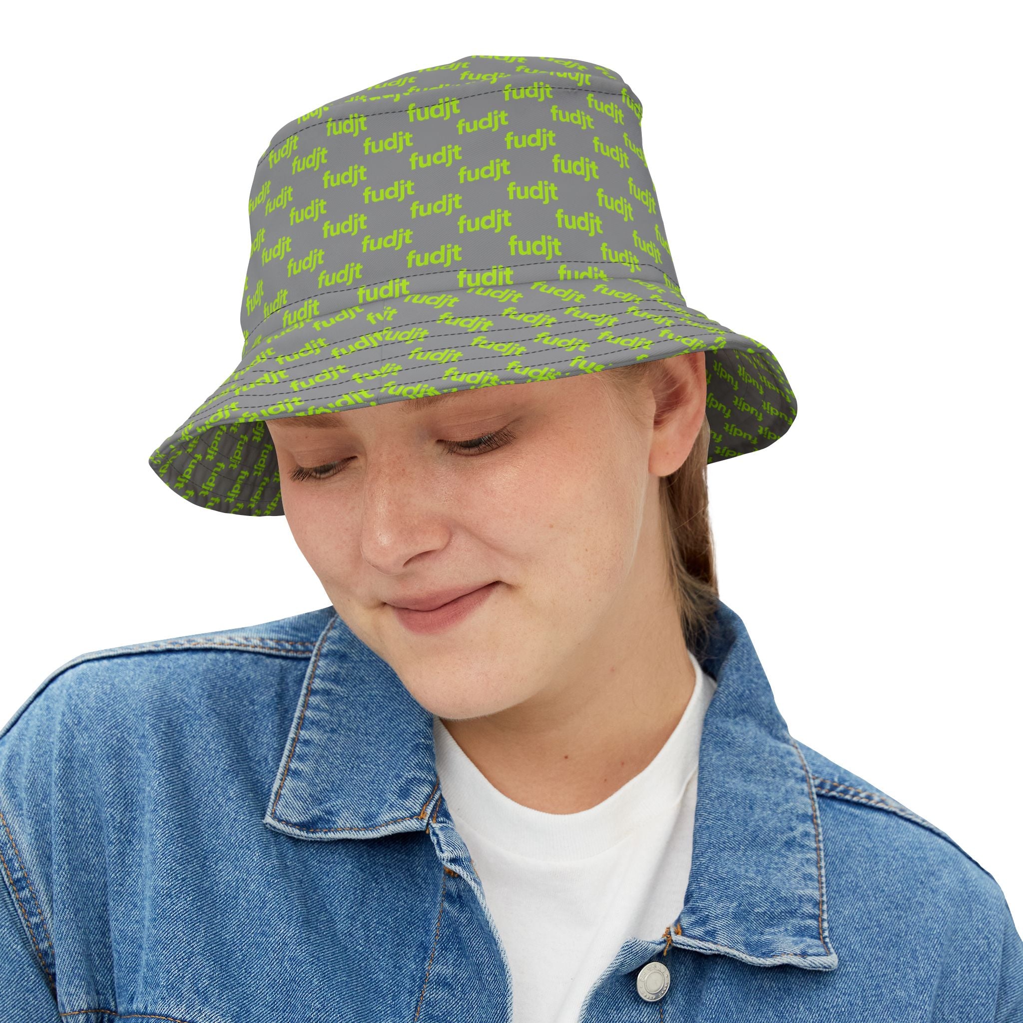 Trendy Lime Green fudjt All Over on Gray Bucket Hat