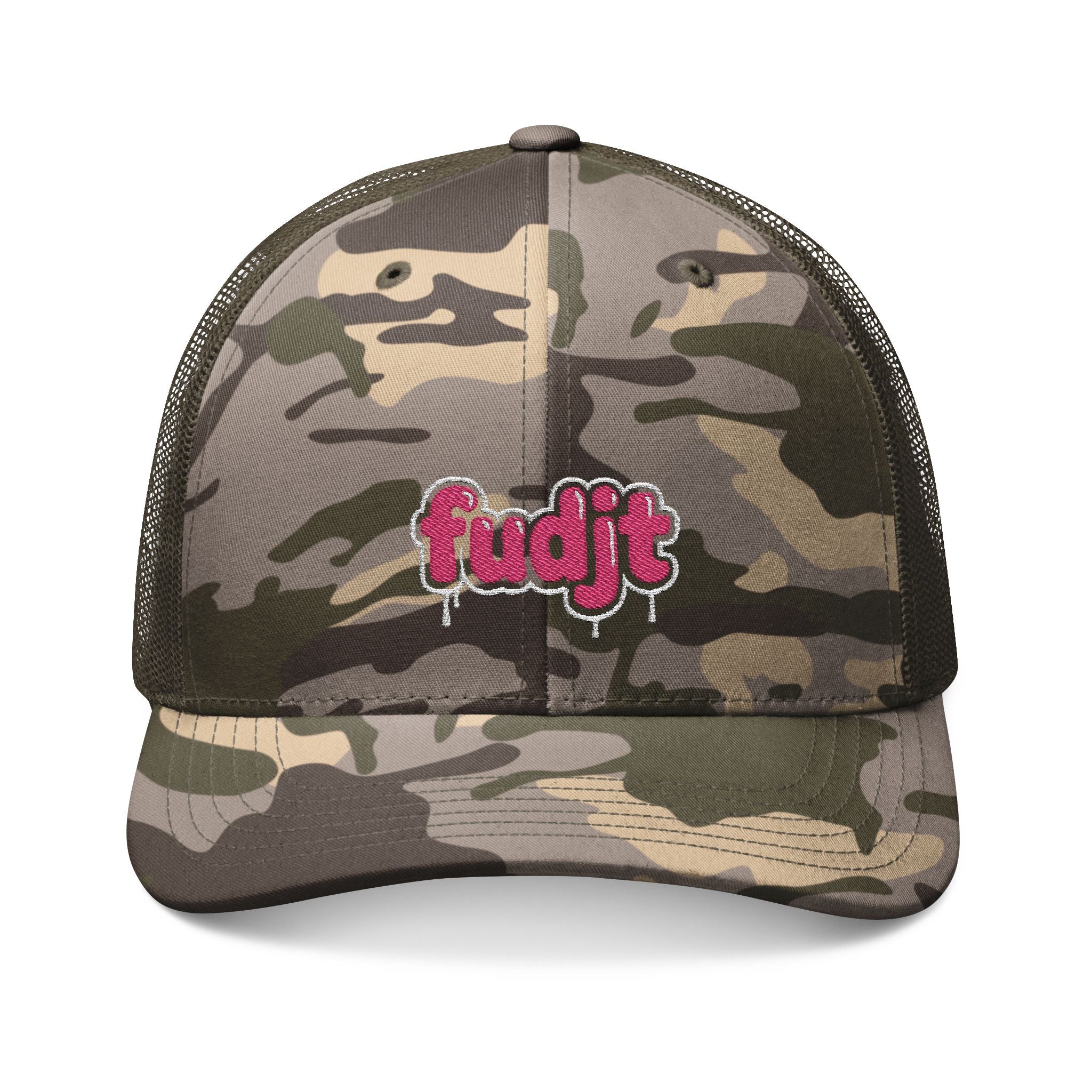 Camouflage Trucker Hat | Pink Drip fudjt Embroidery | 3 Colors