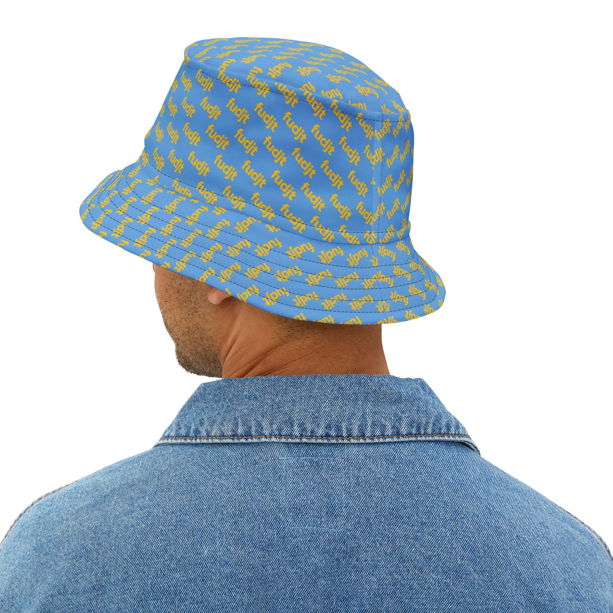 Trendy Yellow fudjt All Over on Light Blue Bucket Hat