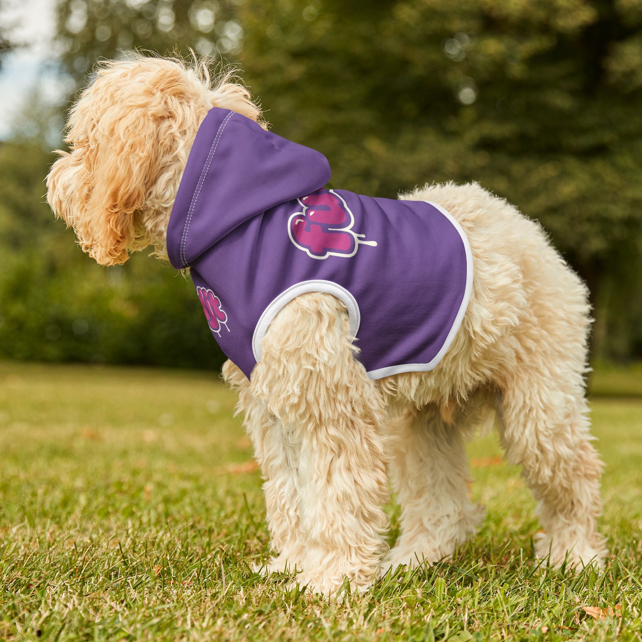 Light Purple fudjt Pet Hoodie with Pink Drip Design