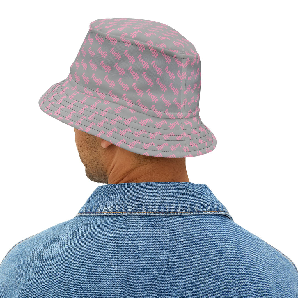 Trendy Pink fudjt All Over on Light Gray Bucket Hat