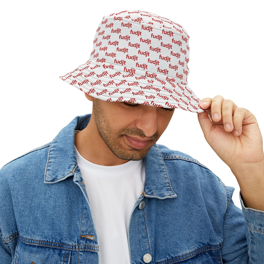 Trendy Red fudjt All Over on White Bucket Hat