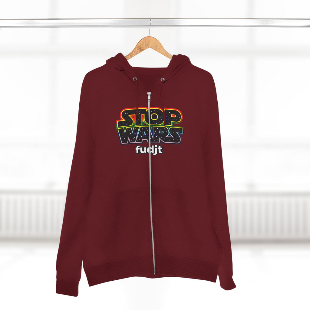 fudjt Stop Wars Zip Hoodie | Front & Back Graphic, White fudjt | 6 Colors