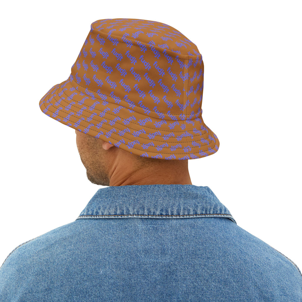 Trendy Light Blue fudjt All Over on Brown Bucket Hat