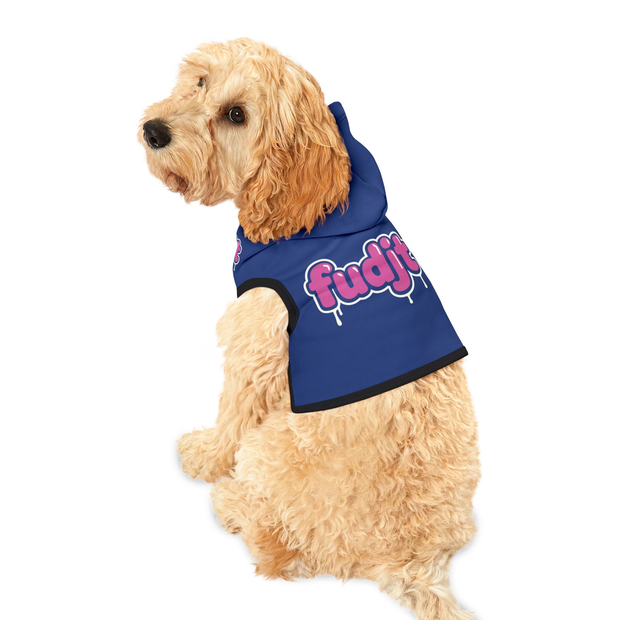 Dark Blue fudjt Pet Hoodie with Pink Drip Design