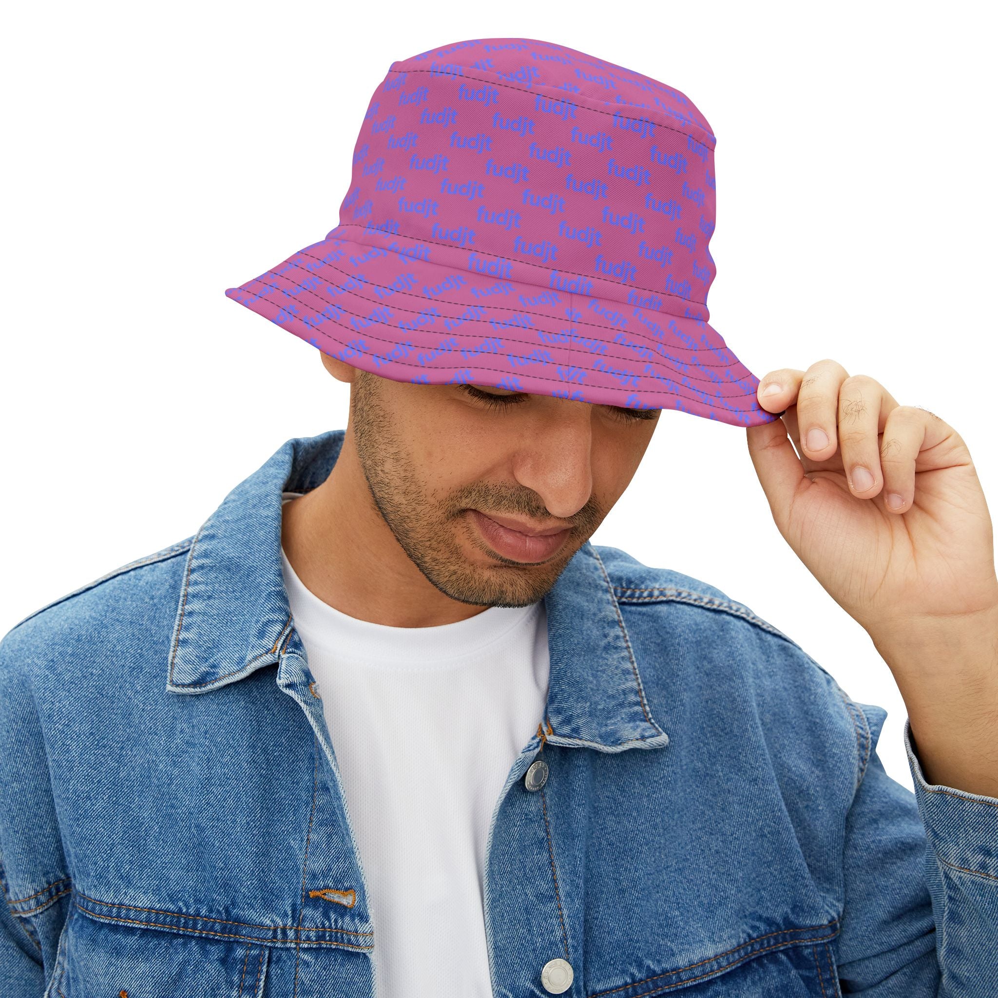 Trendy Light Blue fudjt All Over on Light Pink Bucket Hat