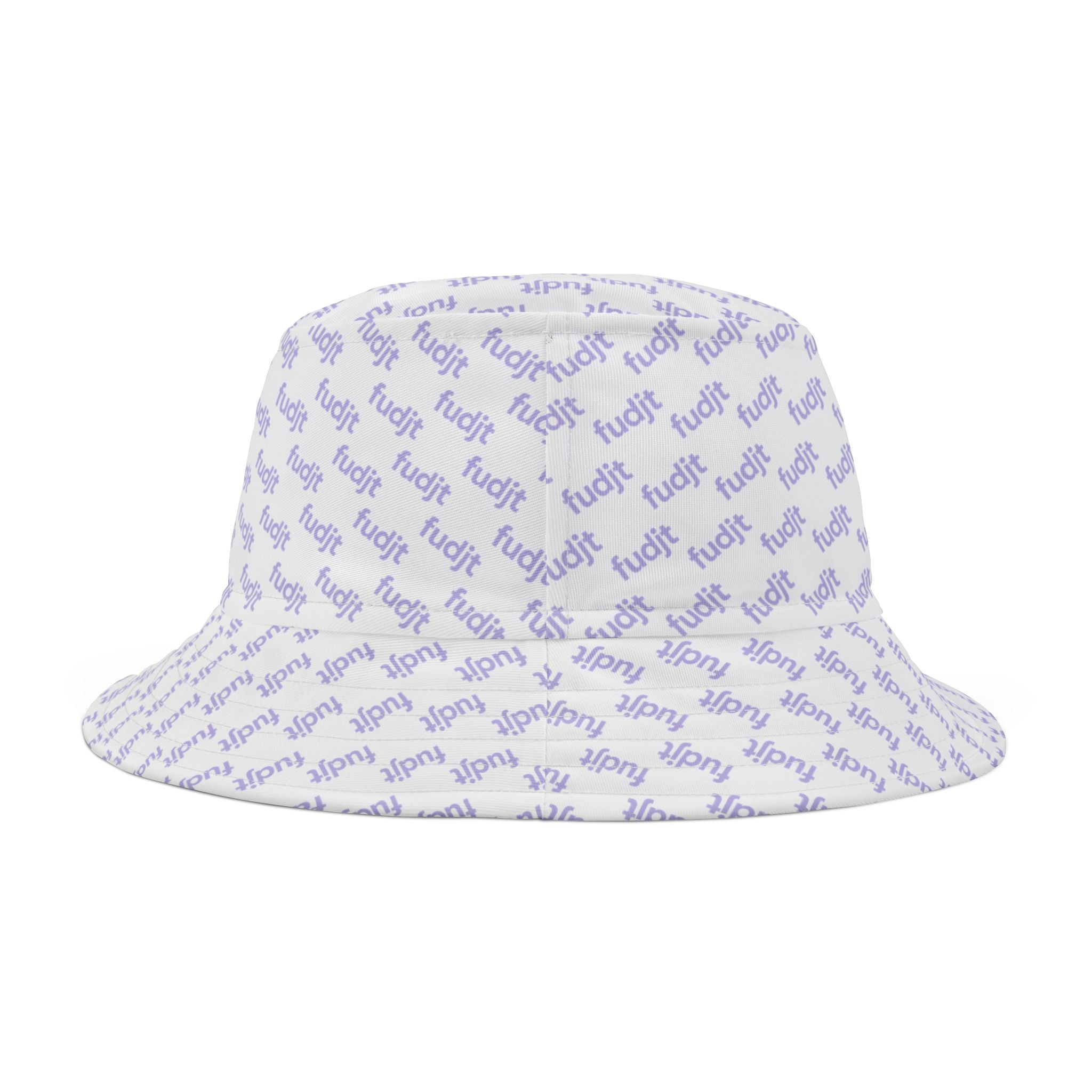 Trendy Lavender "fudjt" All Over on White Bucket Hat