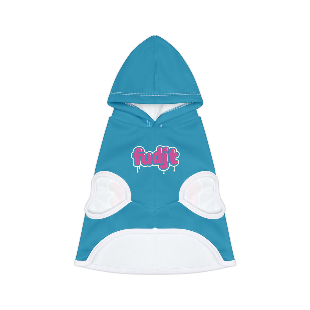 Turquoise fudjt Pet Hoodie with Pink Drip Design