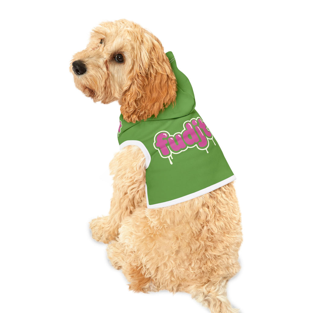 Green fudjt Pet Hoodie with Pink Drip Design