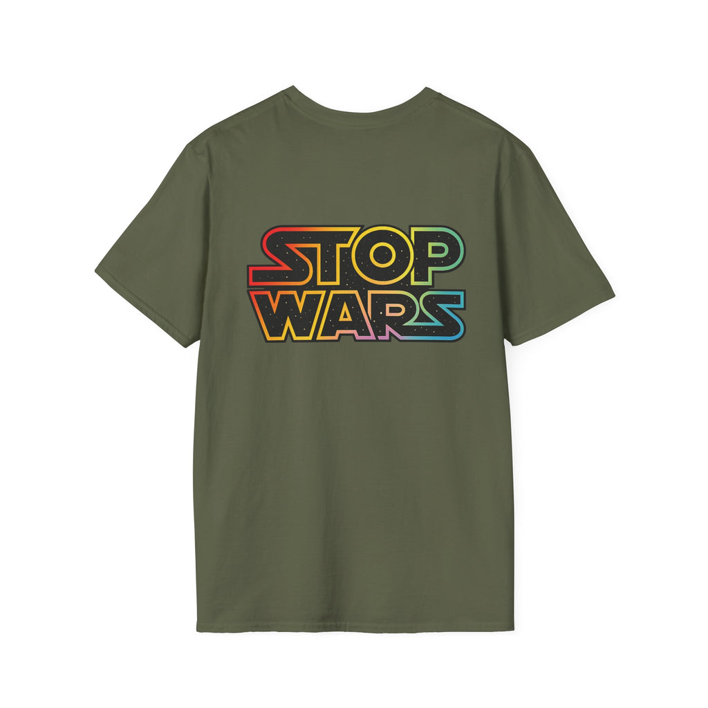 fudjt "STOP WARS" Retro Rainbow Anti-War Everyday Soft & Stylish Tee | Front & Back Graphic, Black fudjt | 7 Colors