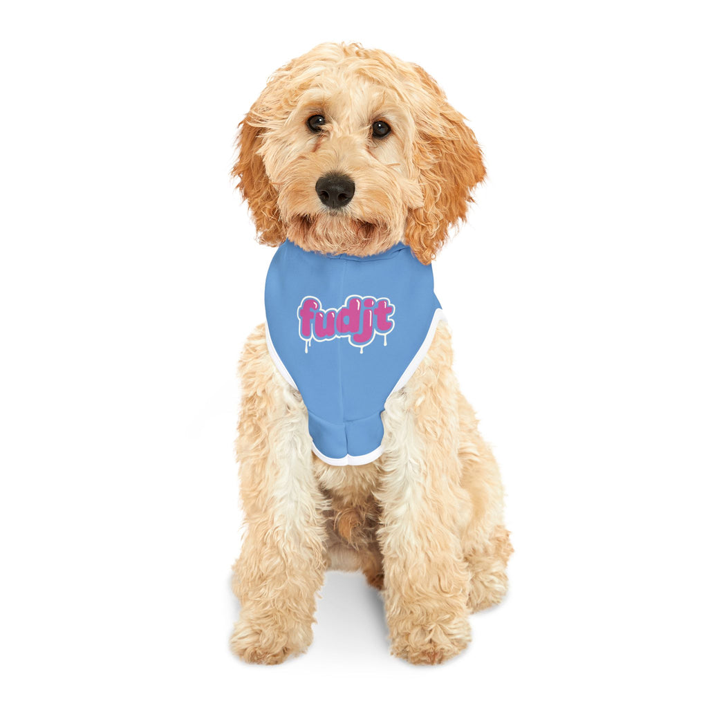 Light Blue fudjt Pet Hoodie with Pink Drip Design