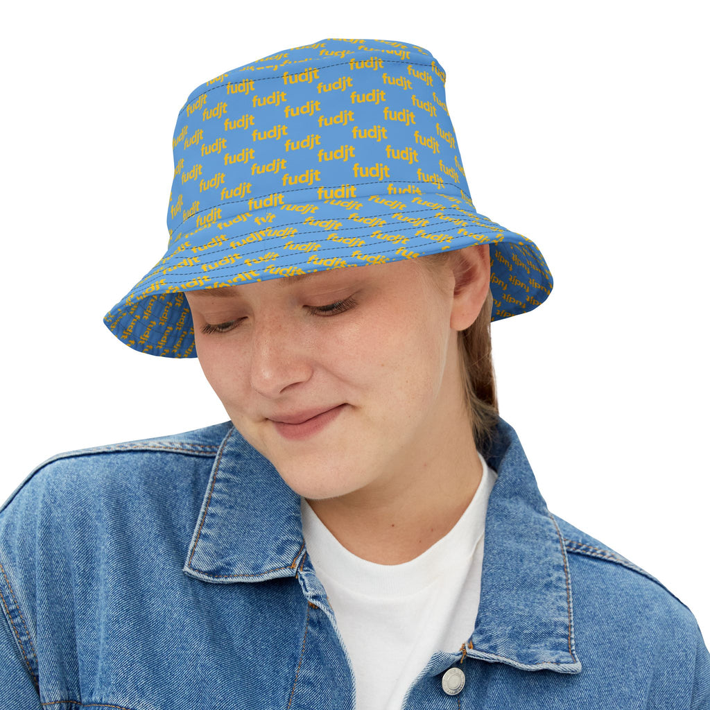 Trendy Yellow fudjt All Over on Light Blue Bucket Hat