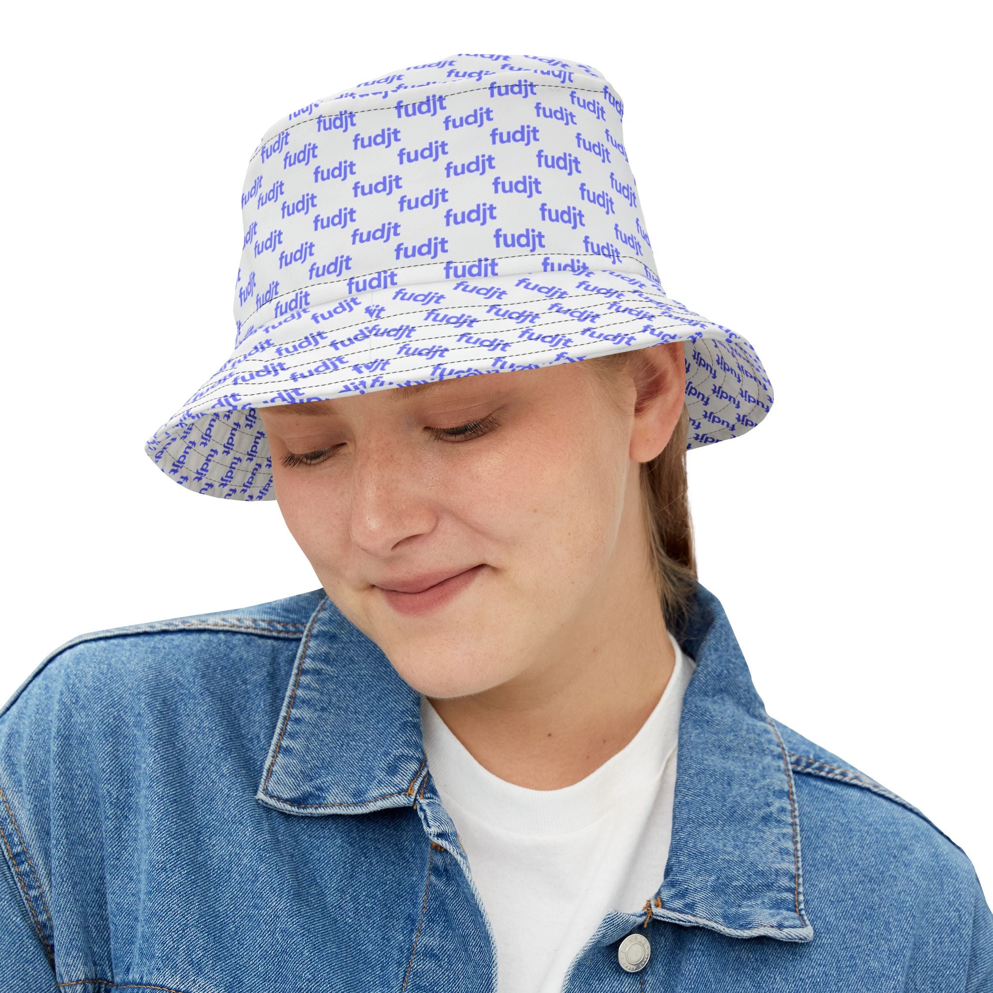 Trendy Light Blue fudjt All Over on White Bucket Hat