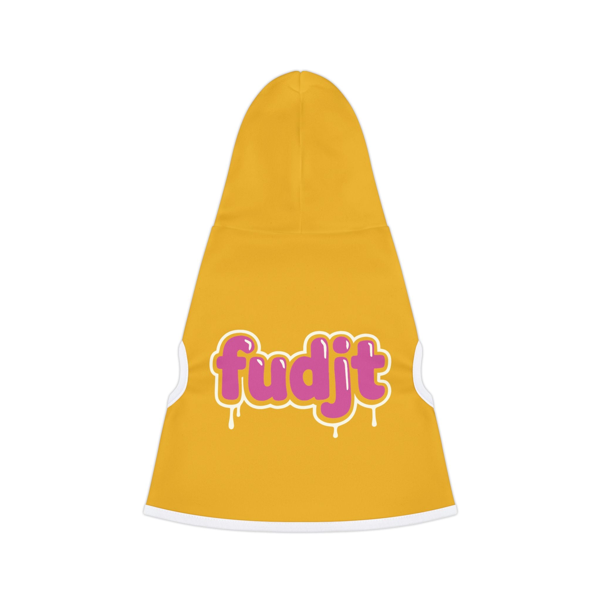 Yellow fudjt Pet Hoodie with Pink Drip Design
