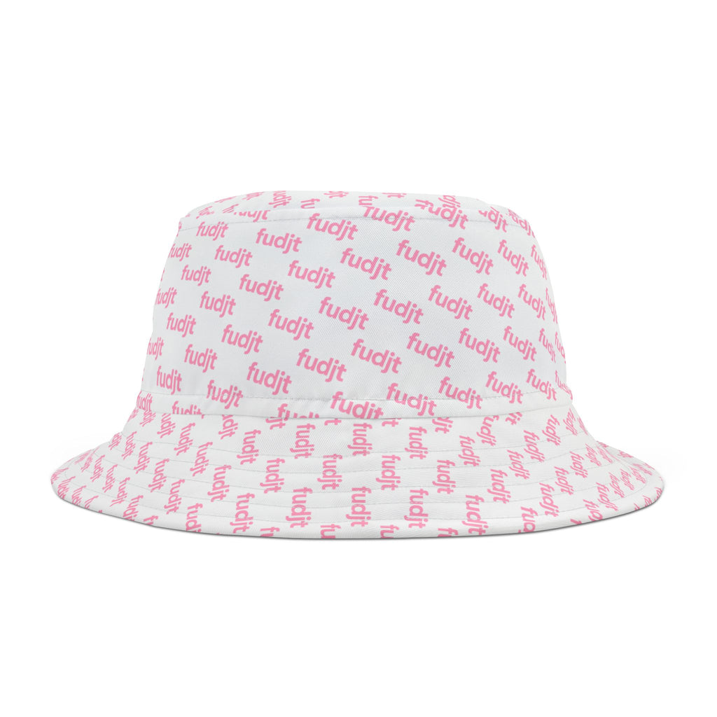 Trendy Pink fudjt All Over on White Bucket Hat