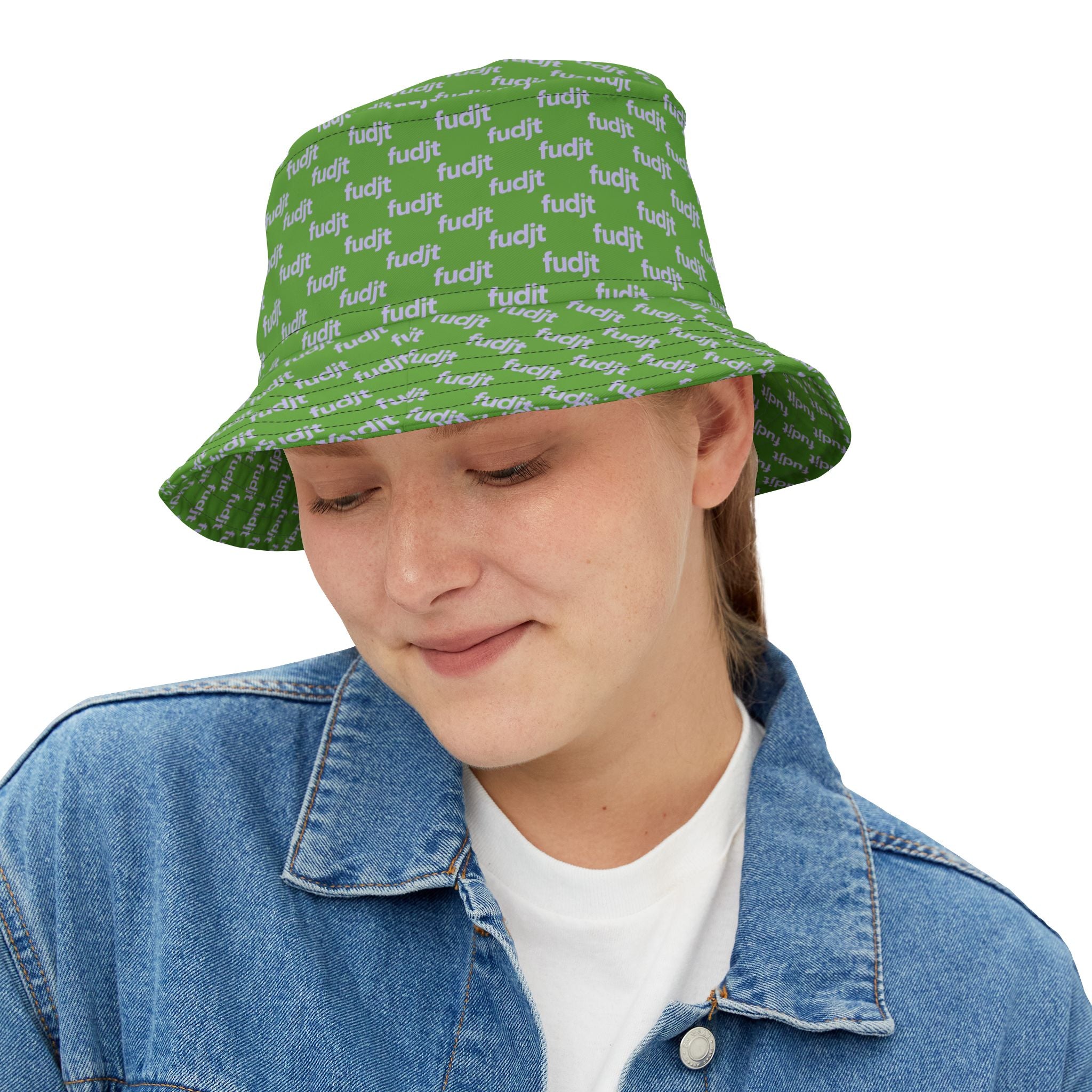 Trendy Lavender fudjt All Over on Green Bucket Hat