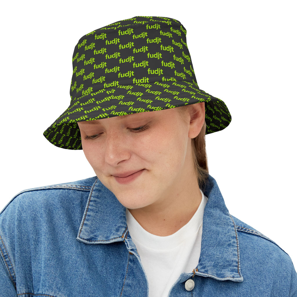 Trendy Lime Green fudjt All Over on Black Bucket Hat