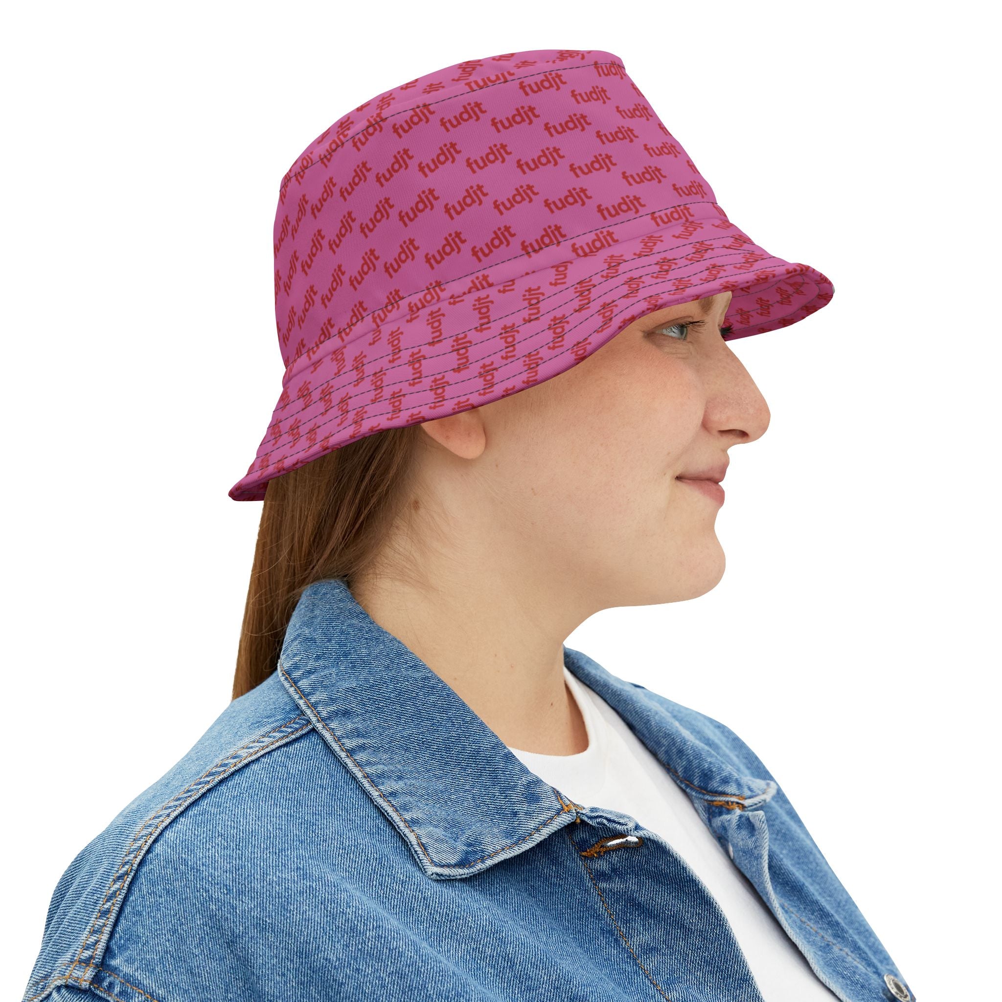 Trendy Red fudjt All Over on Light Pink Bucket Hat