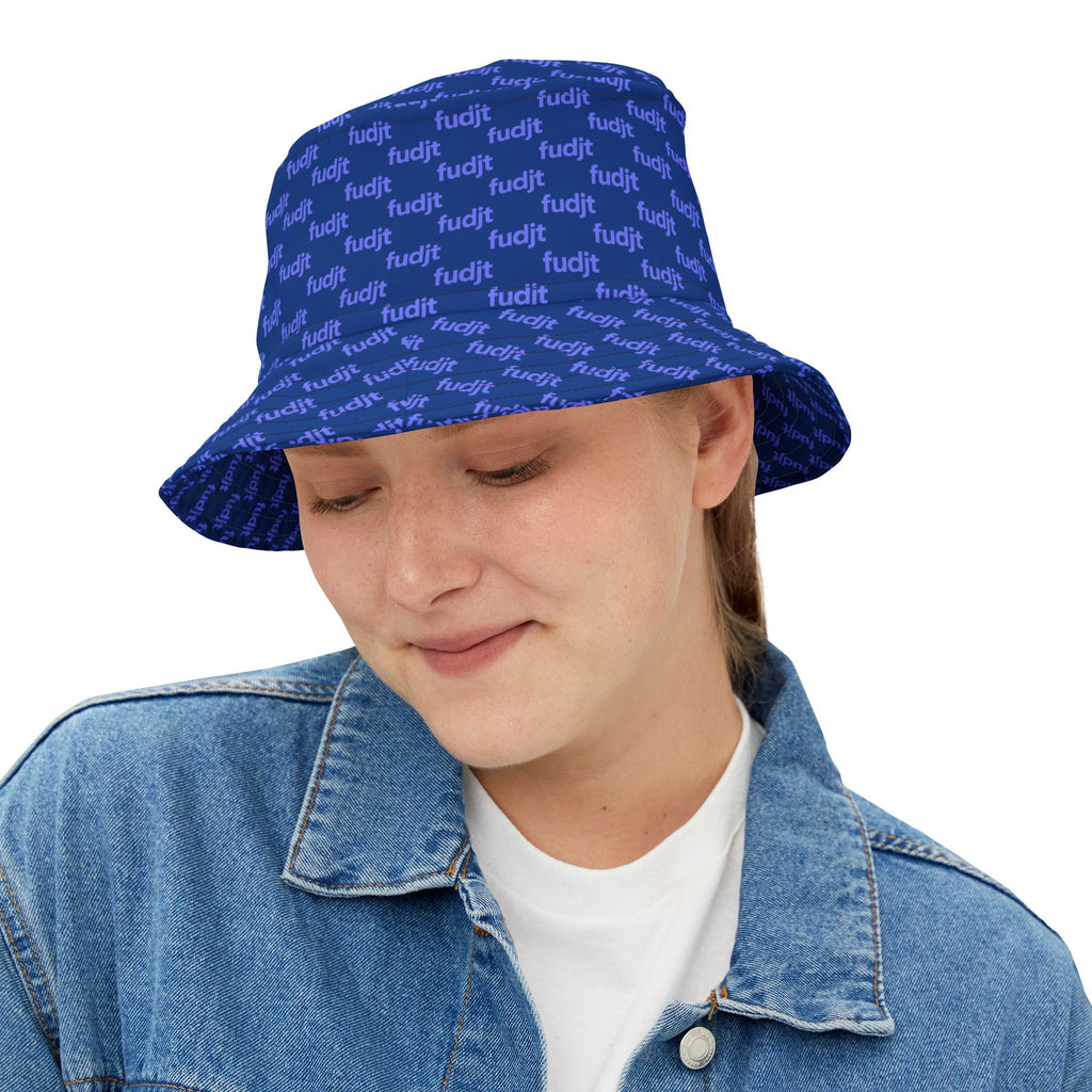 Trendy Light Blue fudjt All Over on Dark Blue Bucket Hat