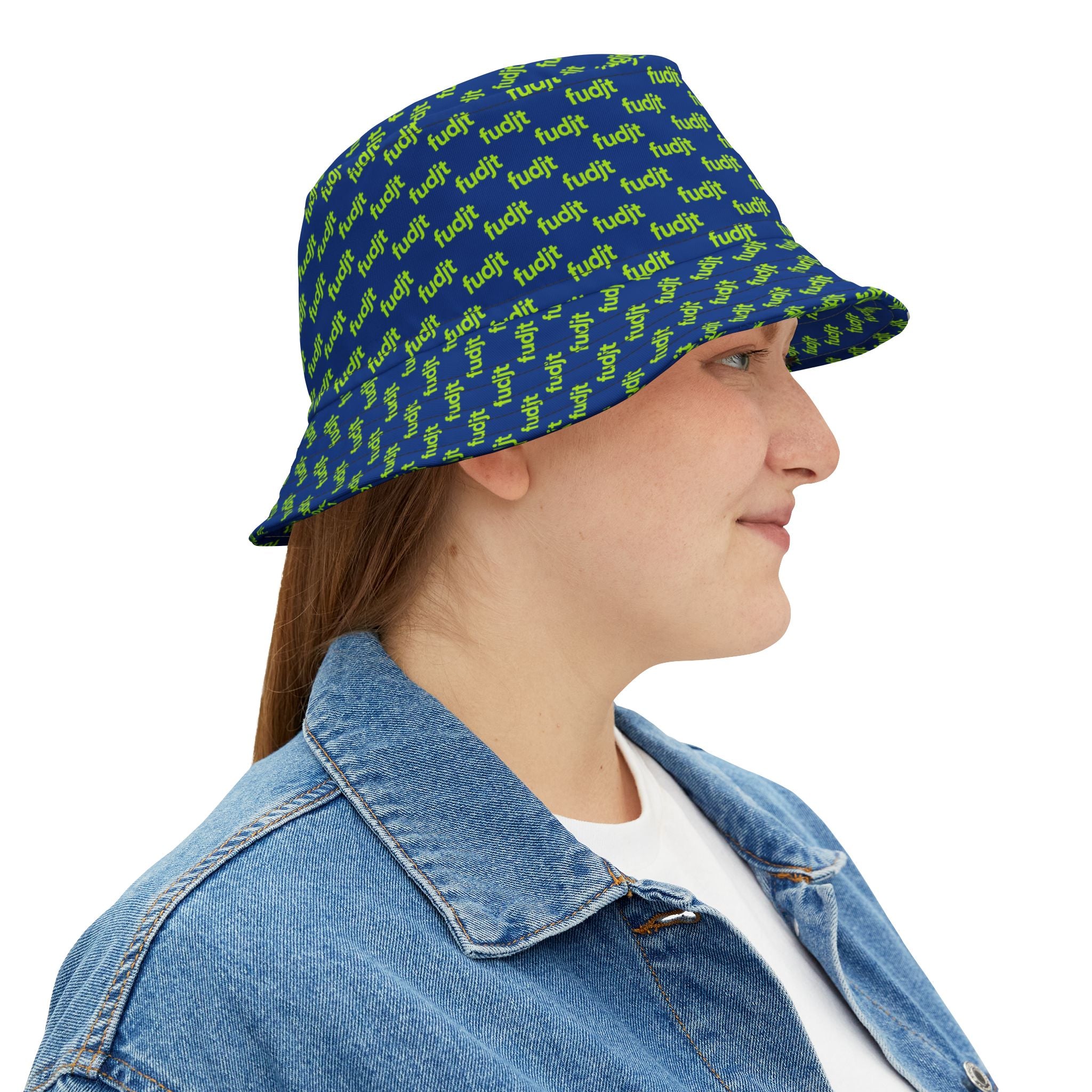 Trendy Lime Green fudjt All Over on Dark Blue Bucket Hat