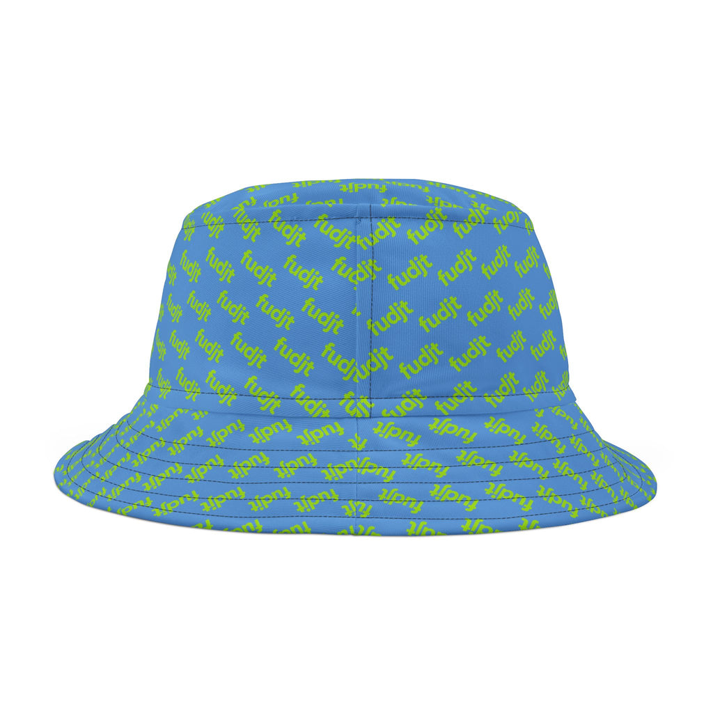 Trendy Lime Green fudjt All Over on Light Blue Bucket Hat
