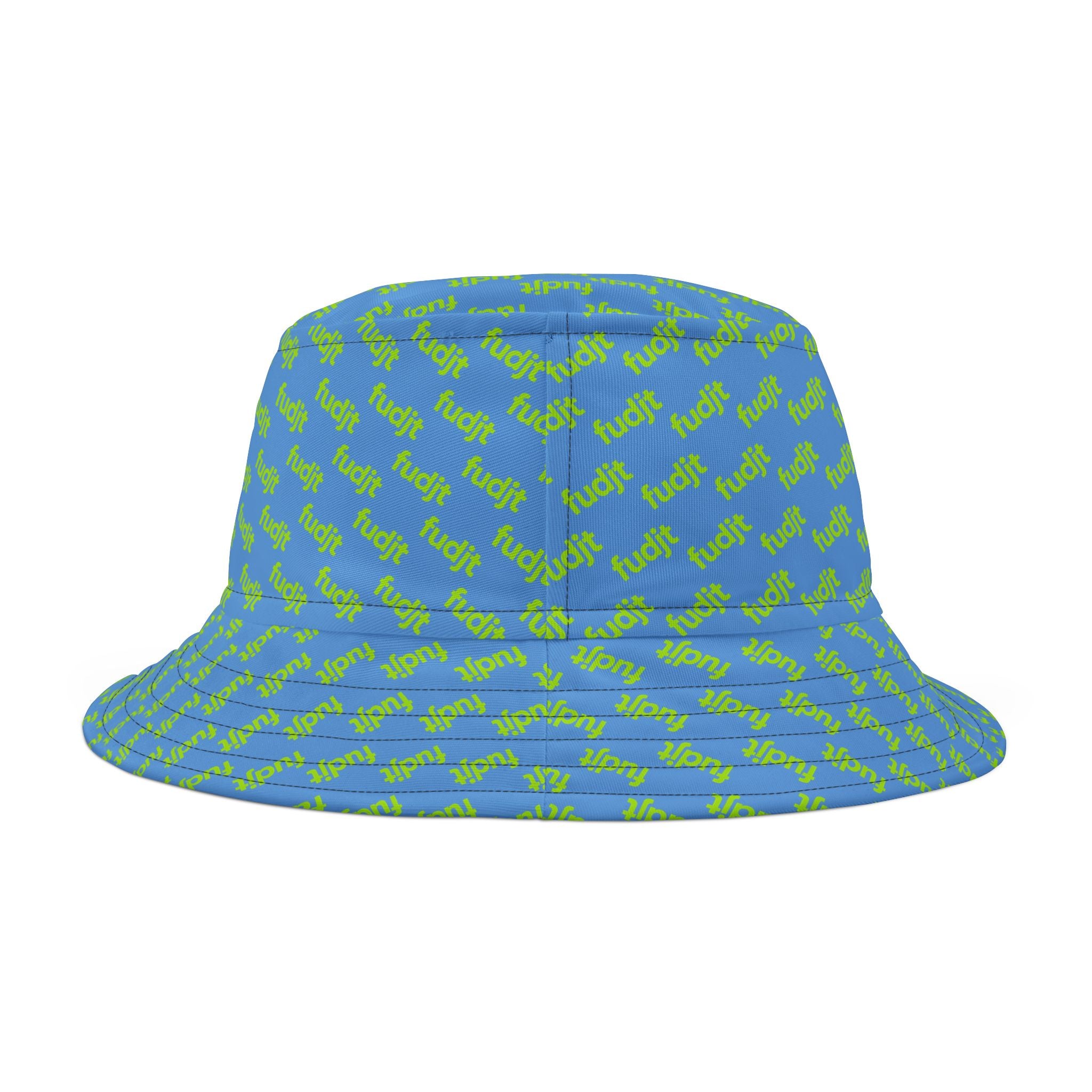 Trendy Lime Green fudjt All Over on Light Blue Bucket Hat