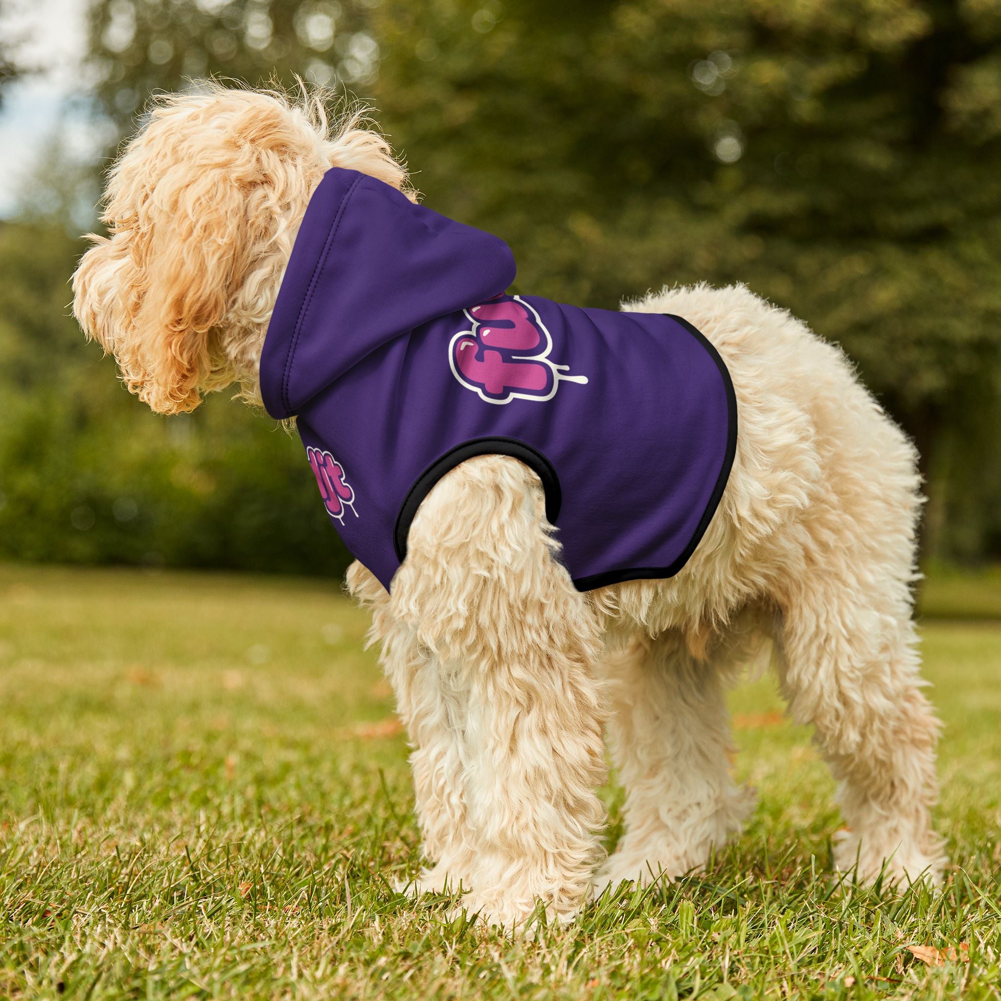 Purple fudjt Pet Hoodie with Pink Drip Design